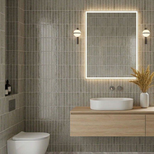 rinovim HIMARE Klebefliesen Beton Bad – Betonoptik in Graubeige im Badezimmer, spritzwassergeschützt & rückstandslos entfernbar, ideal für Mietwohnungen