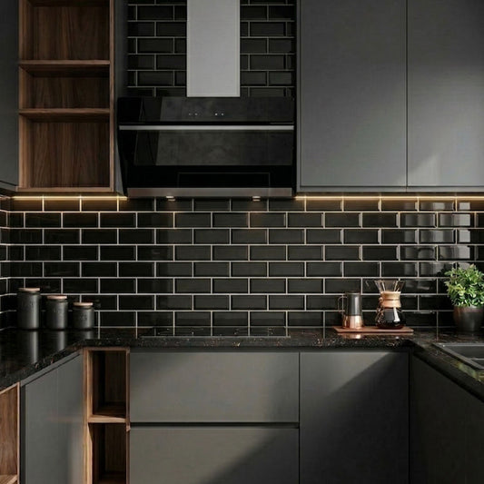 rinovim METRA Klebefliesen Schwarz Küche – cleanes Schwarz in Betonoptik an der Küchenrückwand, selbstklebend & ohne Handwerker verlegt