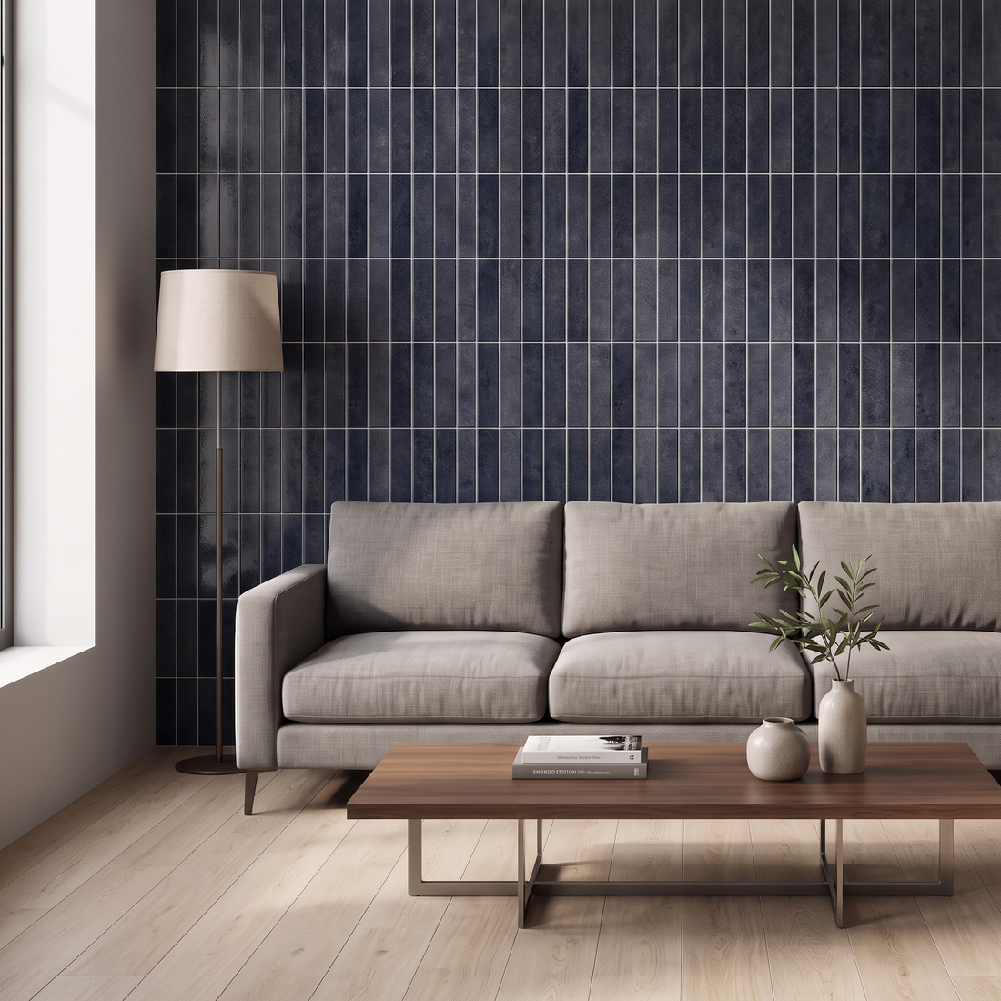 Wohnzimmer mit Akzentwand aus Klebefliesen