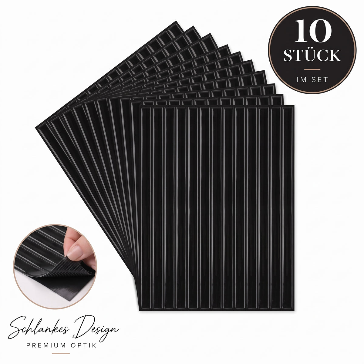 Amira Klebefliesen Tiefes Graphitschwarz – 10er-Set
