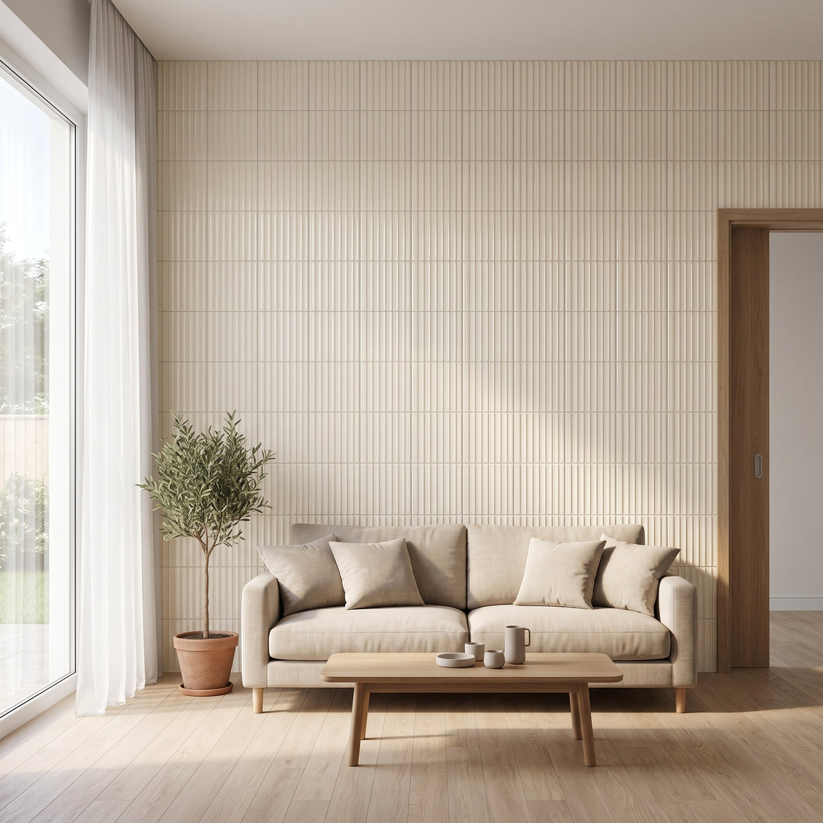 Amira Klebefliesen Warmes Elfenbein im Wohnzimmer