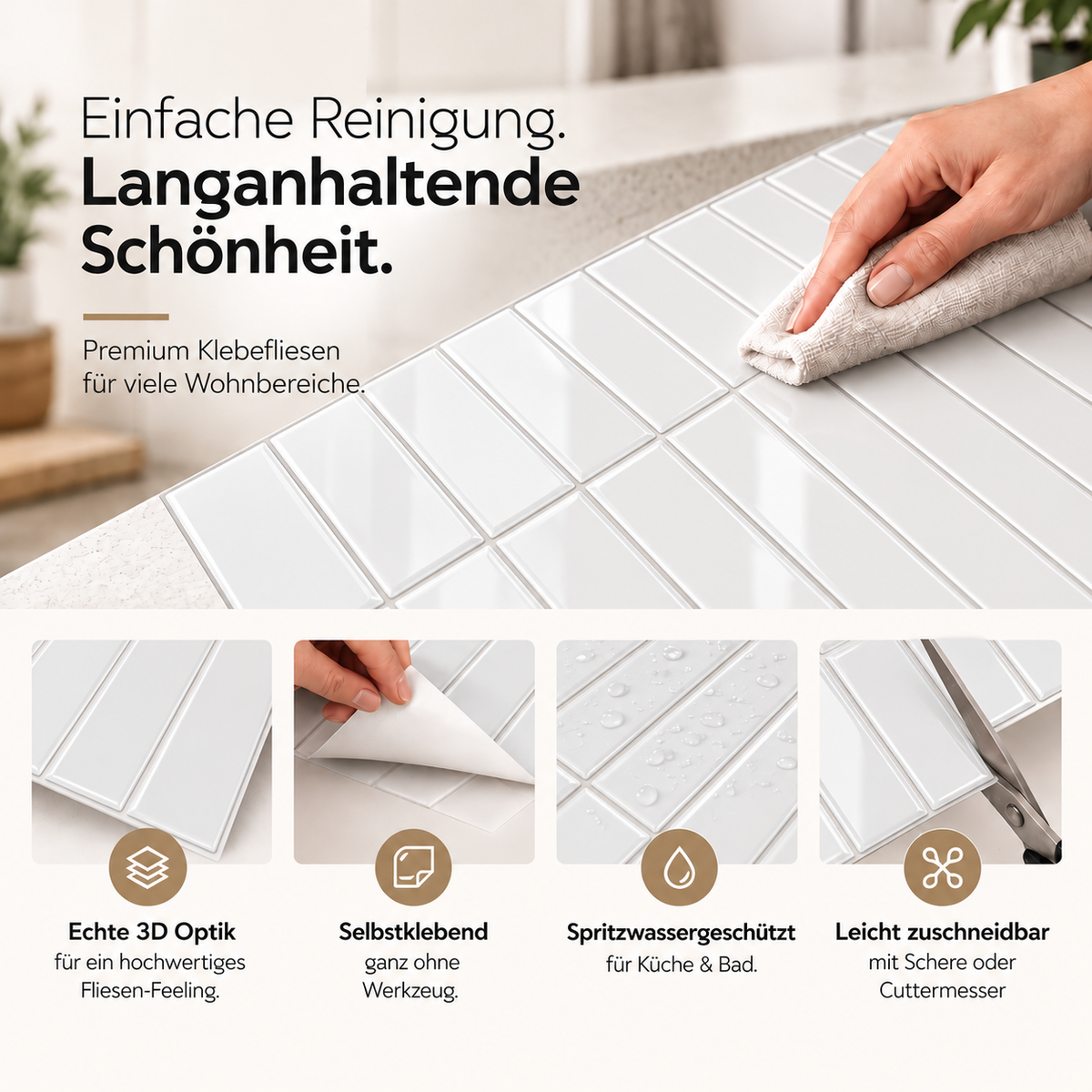 Aria Klebefliesen Sanftes Porzellanweiß – Eigenschaften
