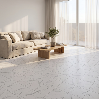 CARRARA Klebefliesen Marmorweiß im Wohnzimmer