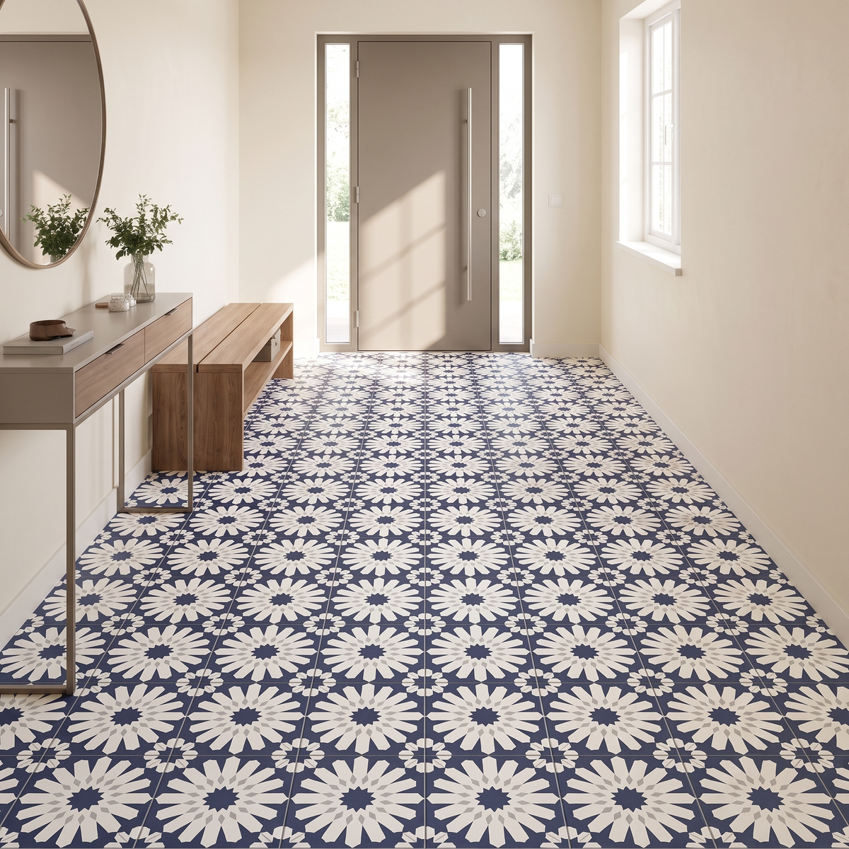 Decora Klebefliesen Marineblau-Weiß im Flur