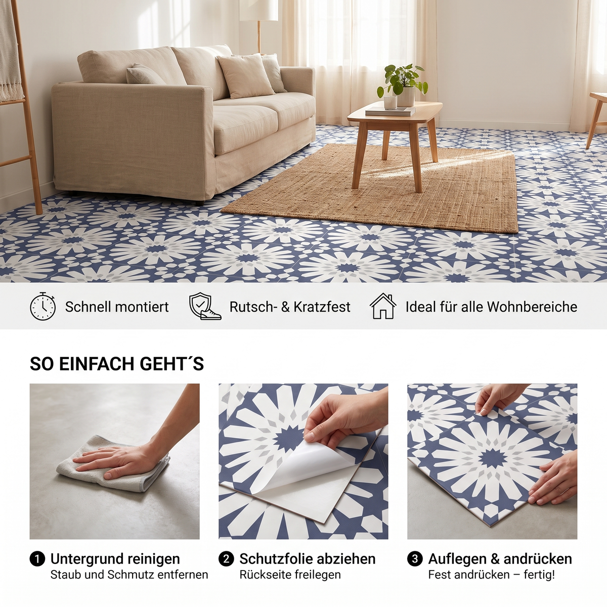 Decora Klebefliesen Marineblau-Weiß – Vorteile