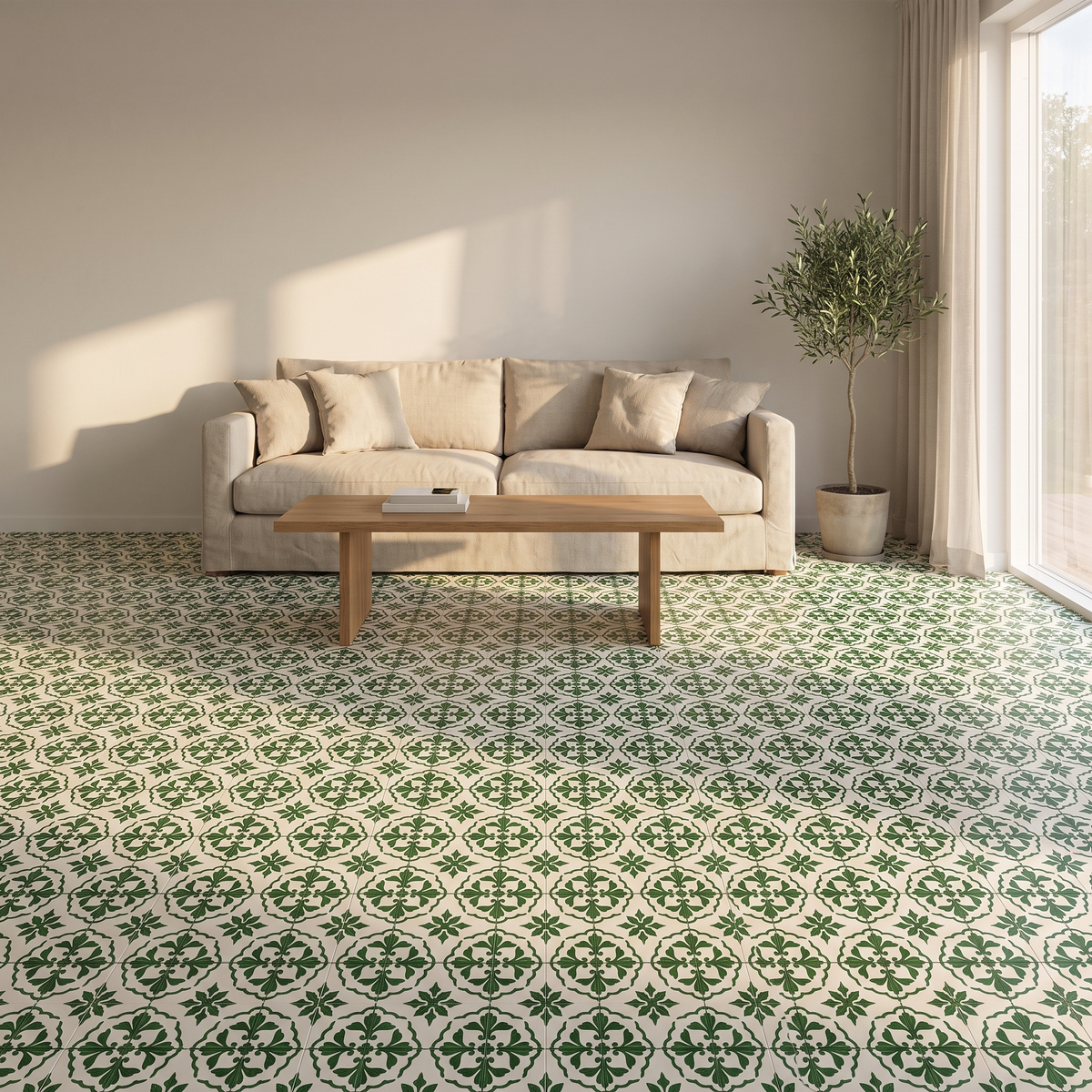 Decora Klebefliesen Salbeigrün-Weiß im Wohnzimmer