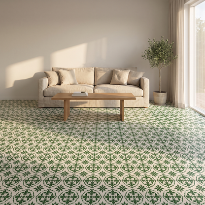 Decora Klebefliesen Salbeigrün-Weiß im Wohnzimmer