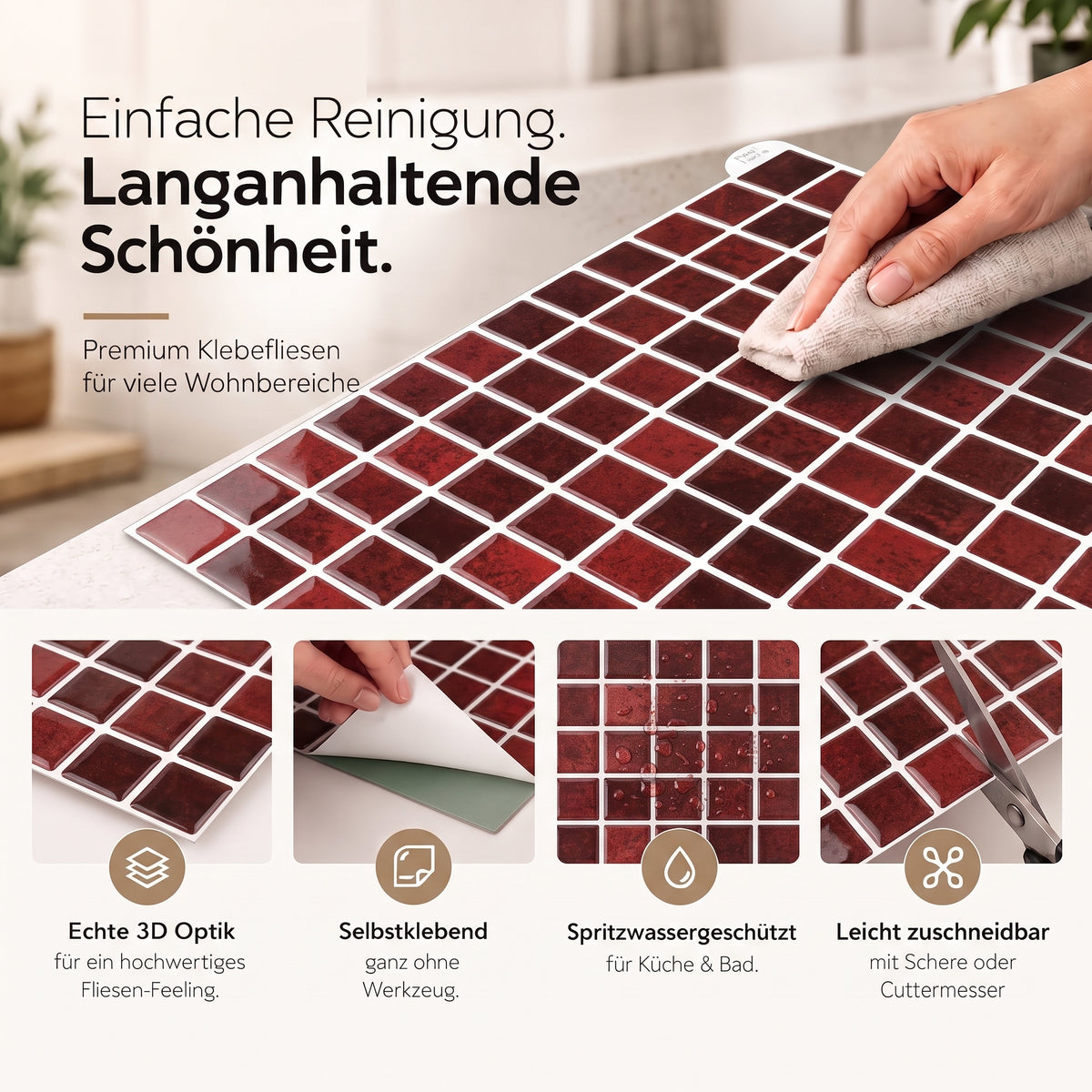 Gemma Klebefliesen Dunkles Bordeauxrot – Eigenschaften