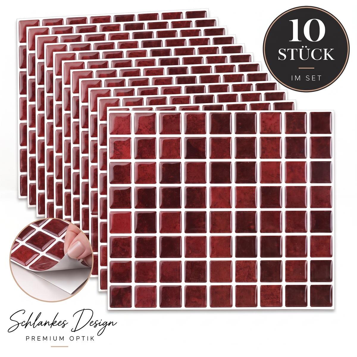 Gemma Klebefliesen Dunkles Bordeauxrot – 10er-Set