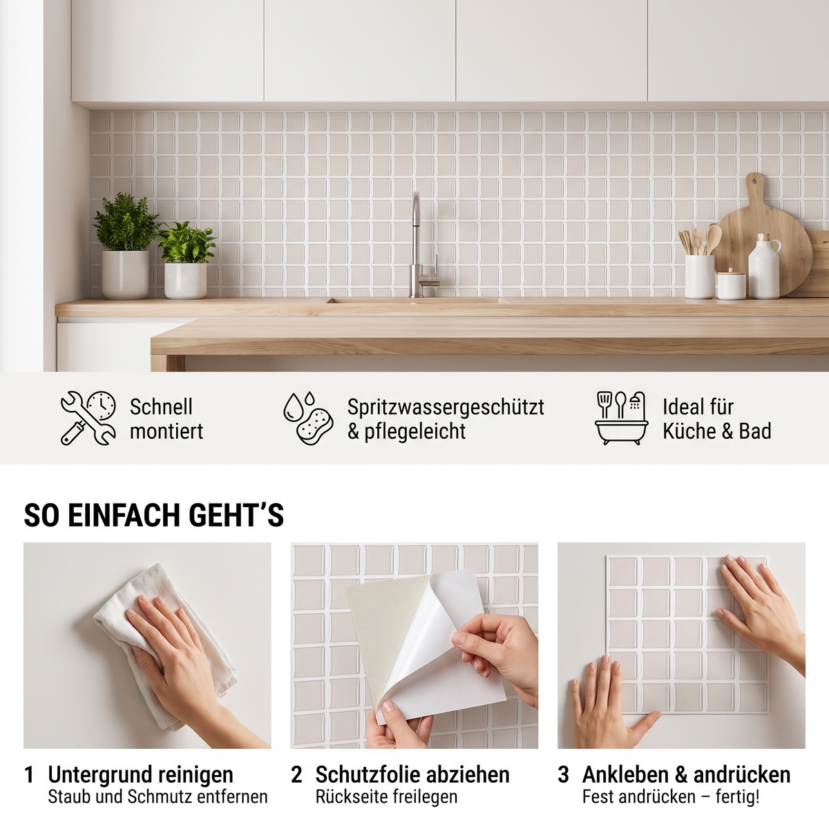 GEMMA Klebefliesen Helles Greige – Vorteile