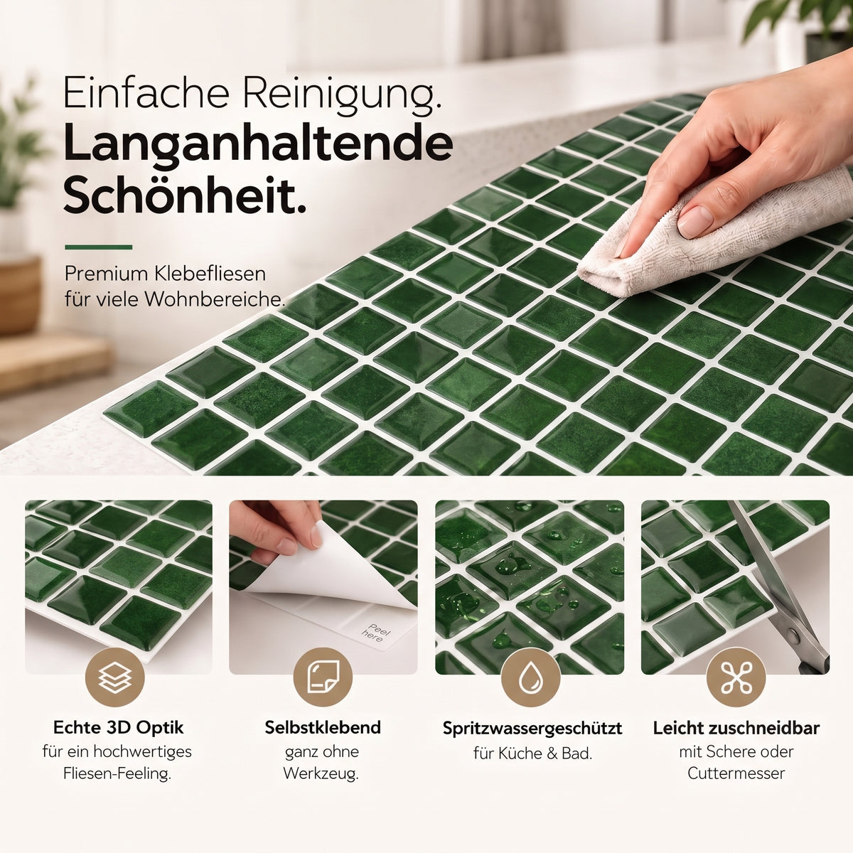 Gemma Klebefliesen Tiefes Moosgrün – Eigenschaften