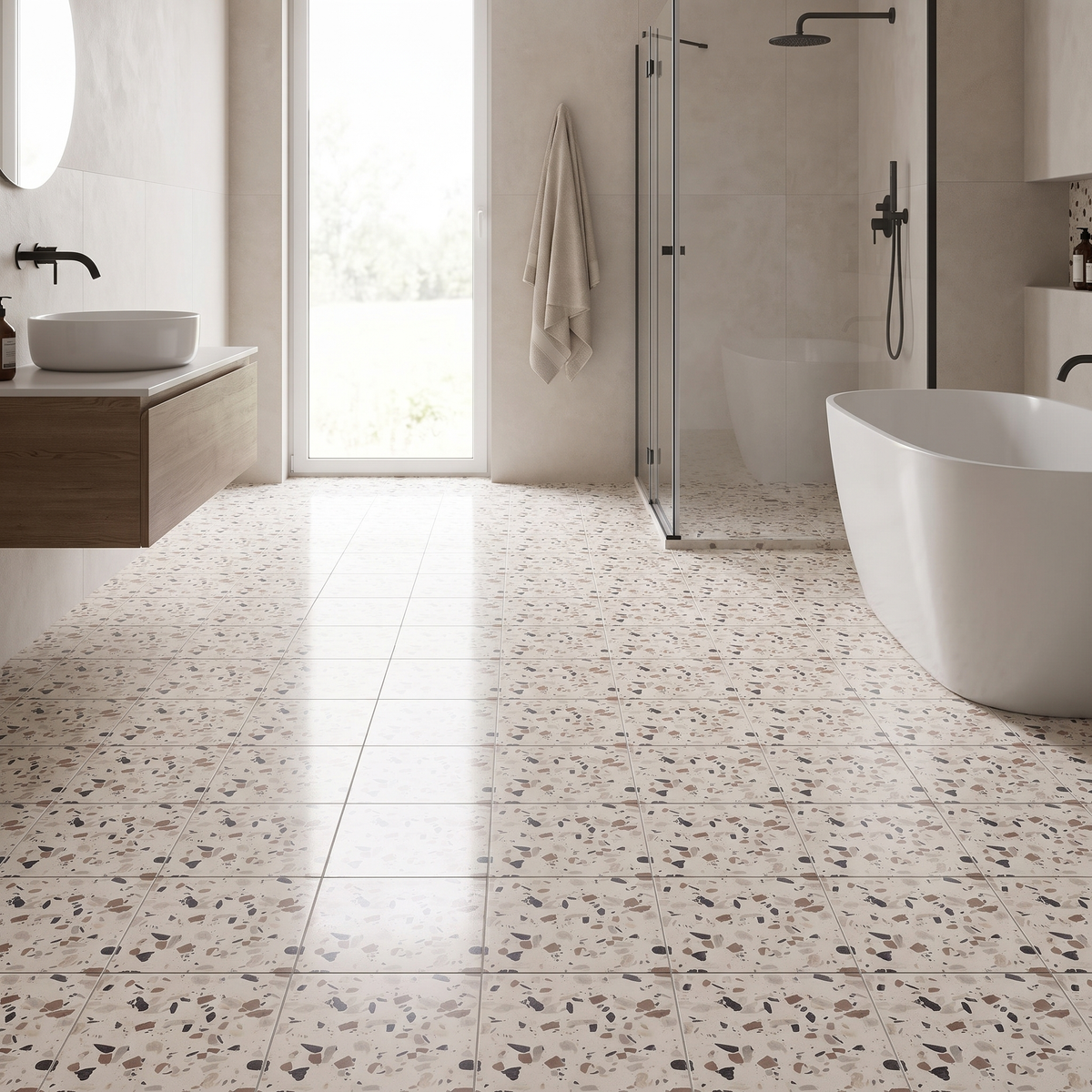 Granula Klebefliesen Creme-Terrazzo im Bad