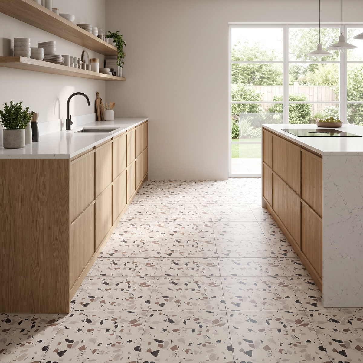 Granula Klebefliesen Creme-Terrazzo in der Küche