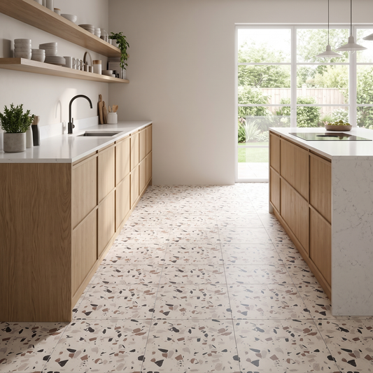 Granula Klebefliesen Creme-Terrazzo in der Küche