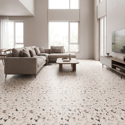 Granula Klebefliesen Creme-Terrazzo im Wohnzimmer