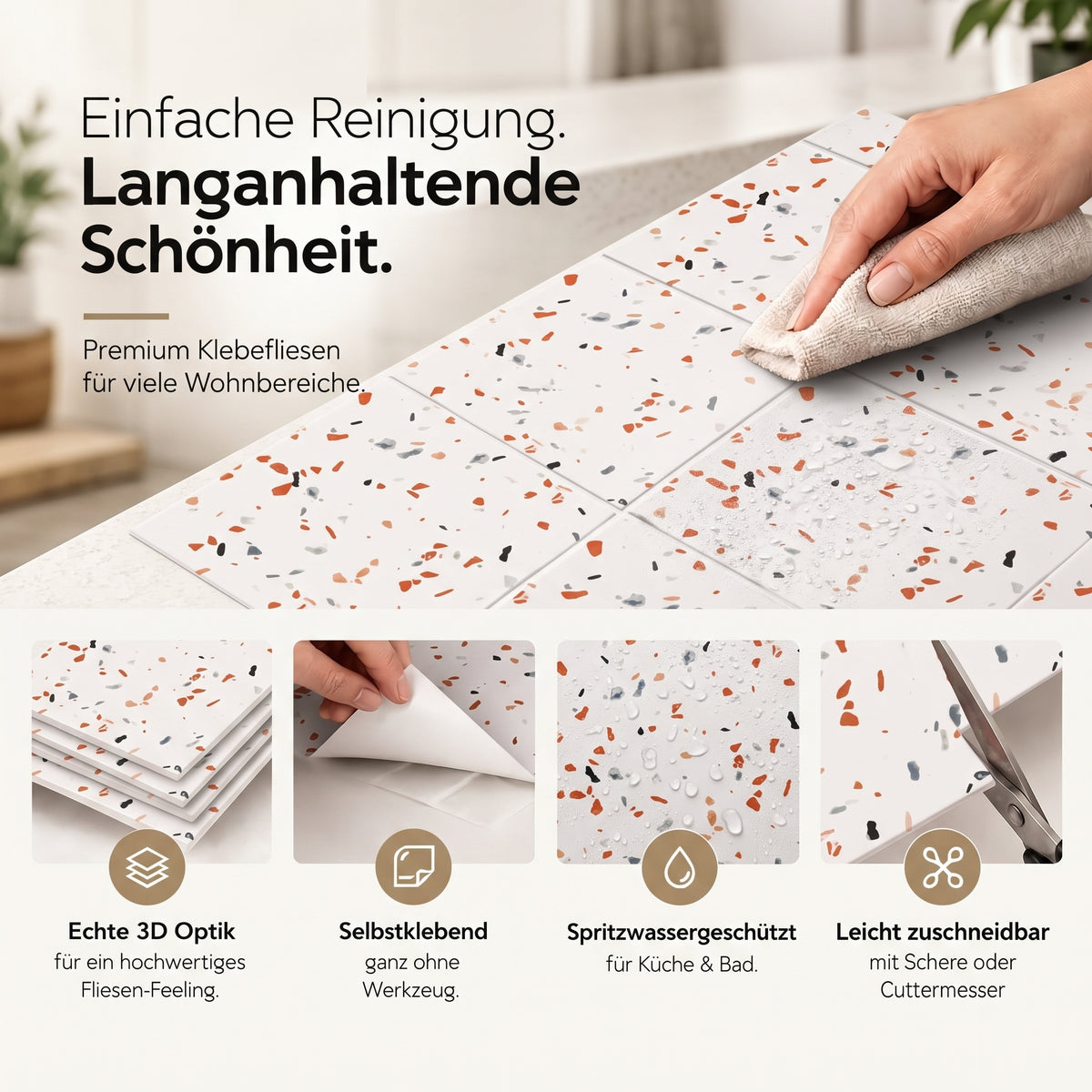 Granula Klebefliesen Weiß mit Terrakotta-Sprenkel – Eigenschaften
