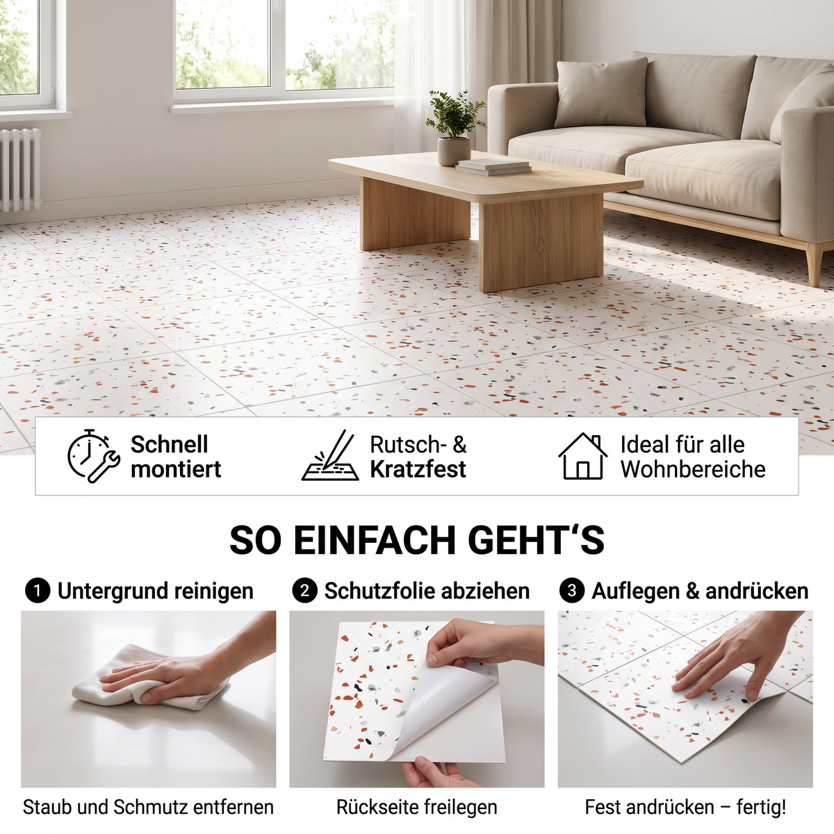 Granula Klebefliesen Weiß mit Terrakotta-Sprenkel – Vorteile