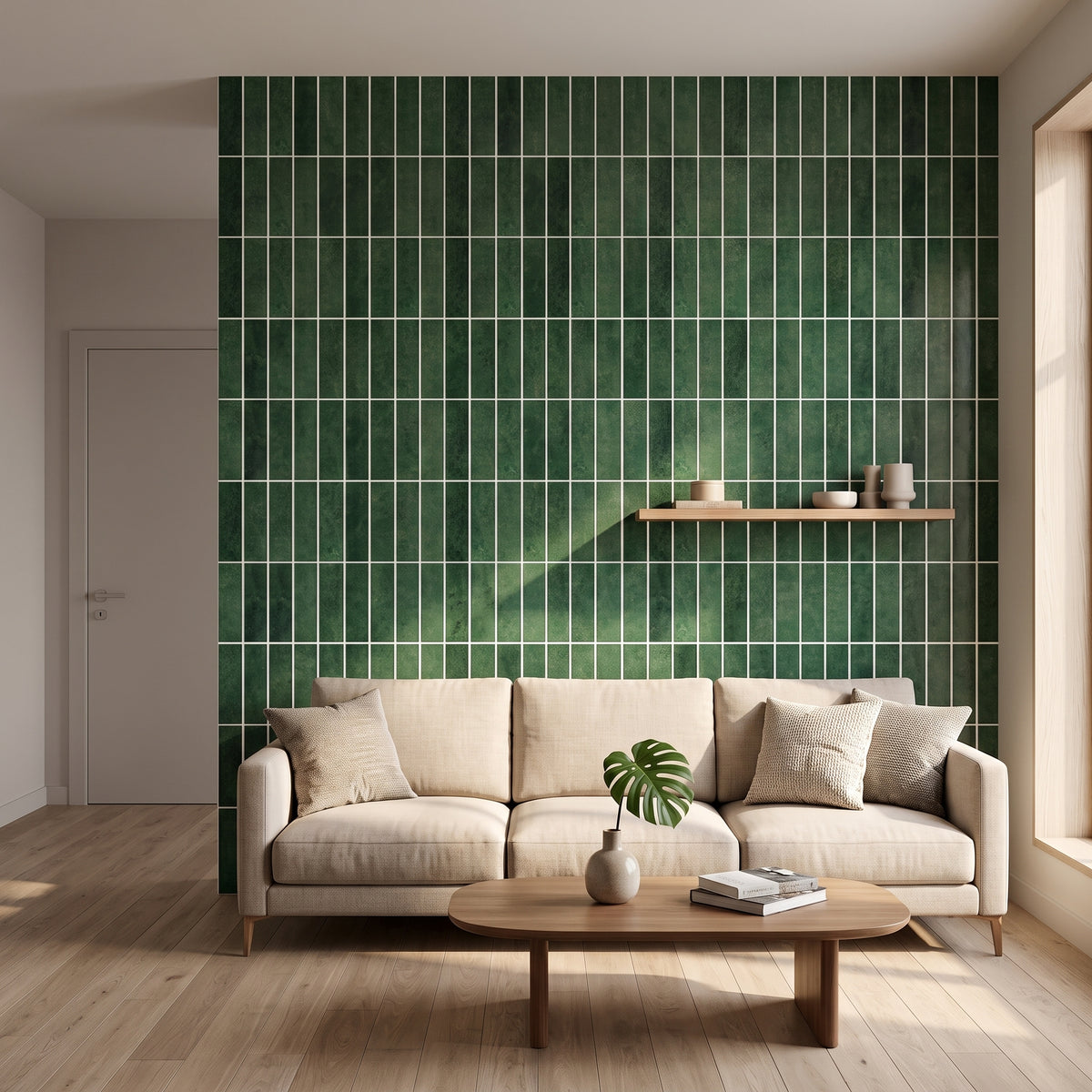 HIMARE Klebefliesen Gedämpftes Waldgrün im Wohnzimmer