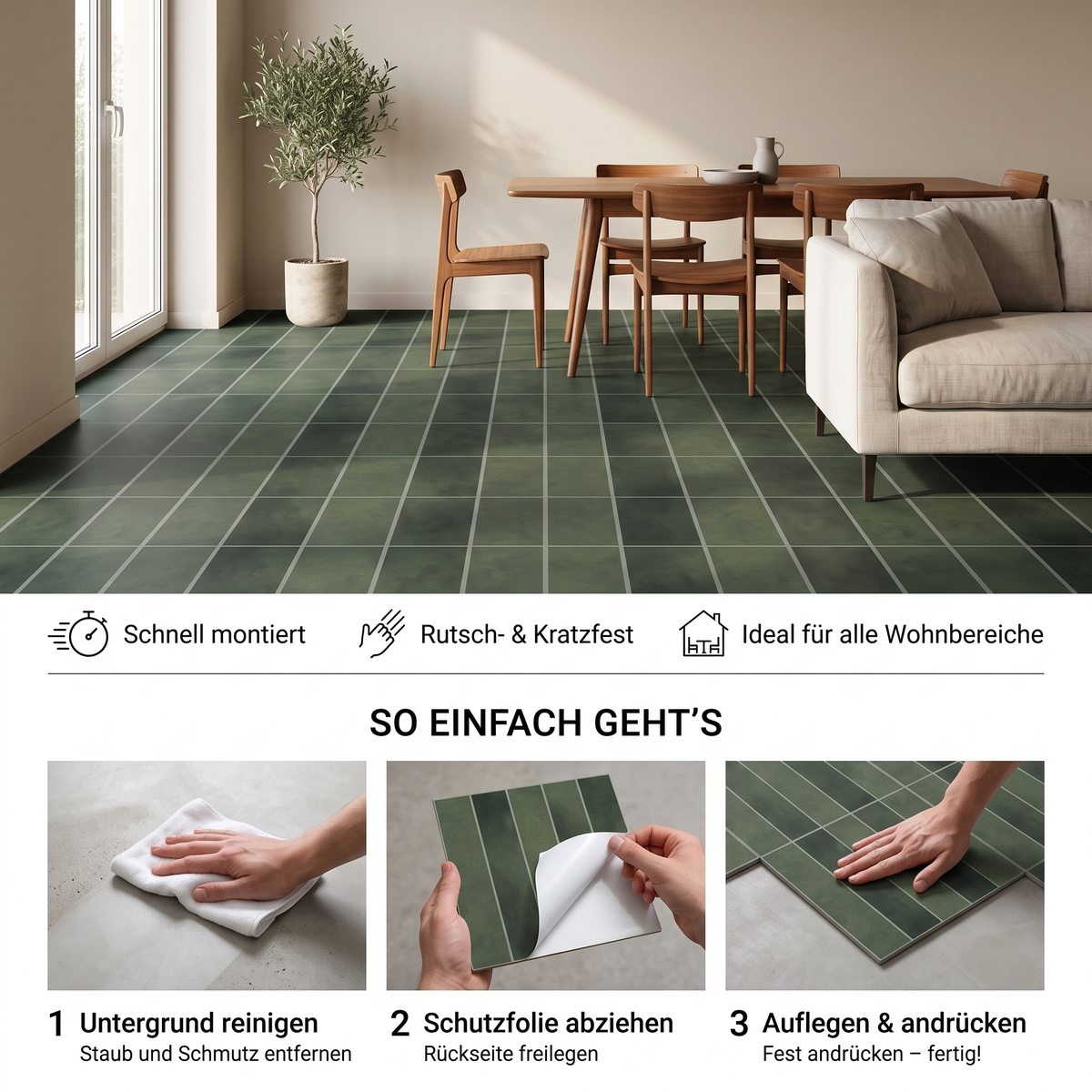 Lento Klebefliesen Tiefes Moosgrün – Vorteile