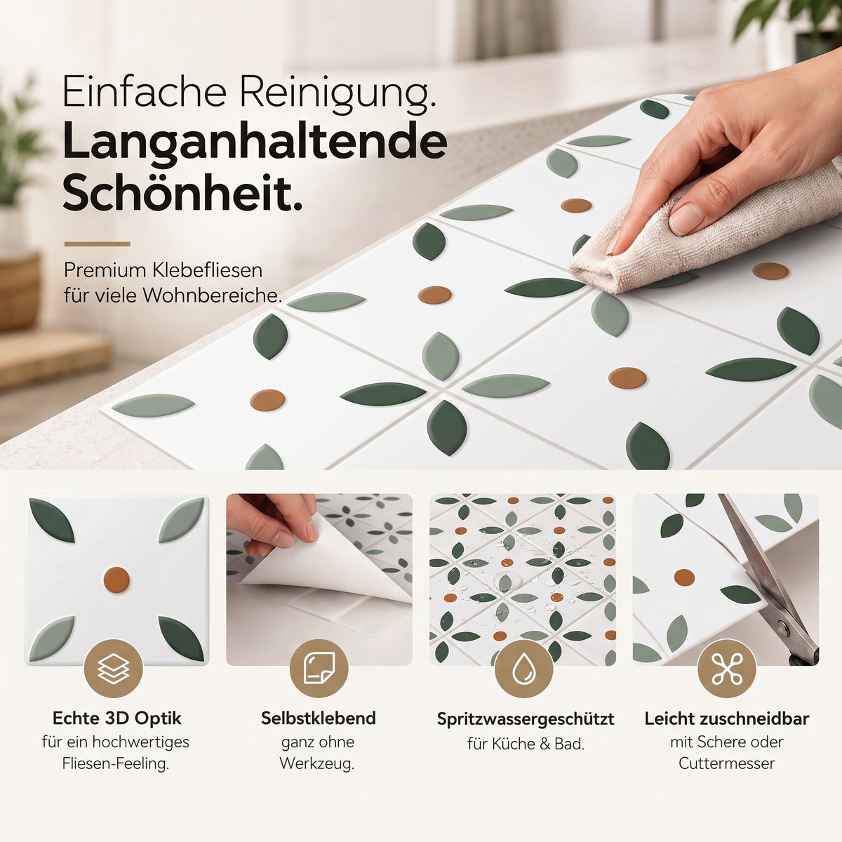 Motiva Klebefliesen Creme mit Salbeigrün – Eigenschaften