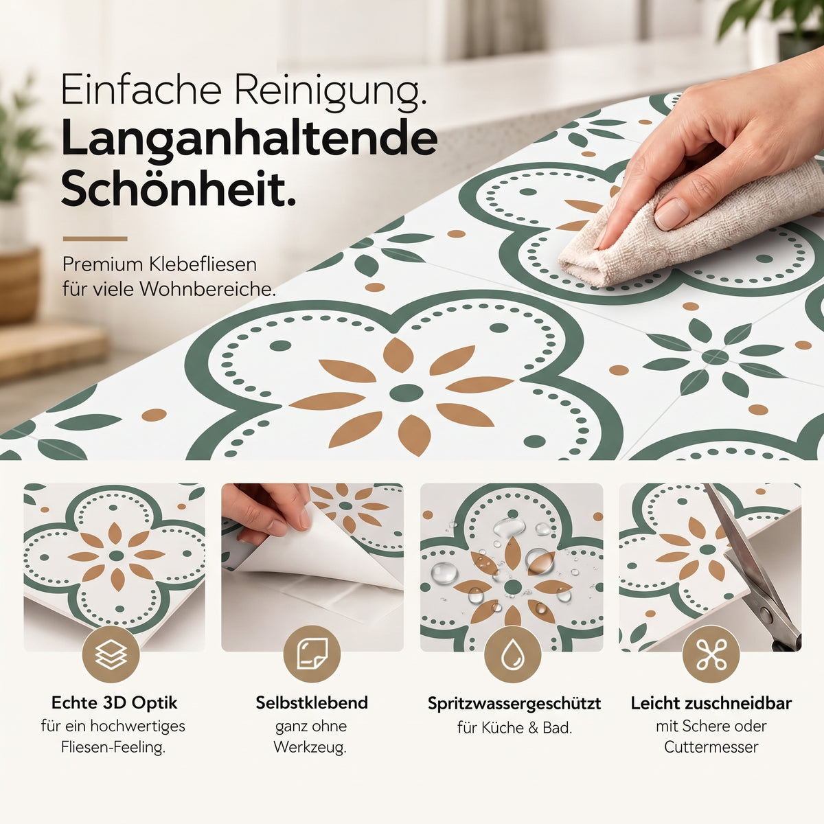 MOTIVA Klebefliesen Creme mit Grün und Orange – Eigenschaften