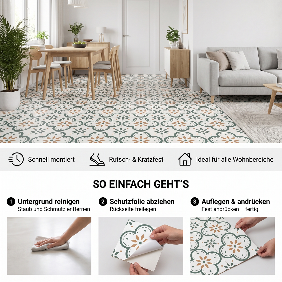 MOTIVA Klebefliesen Creme mit Grün und Orange – Vorteile