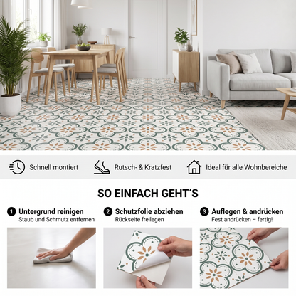 MOTIVA Klebefliesen Creme mit Grün und Orange – Vorteile