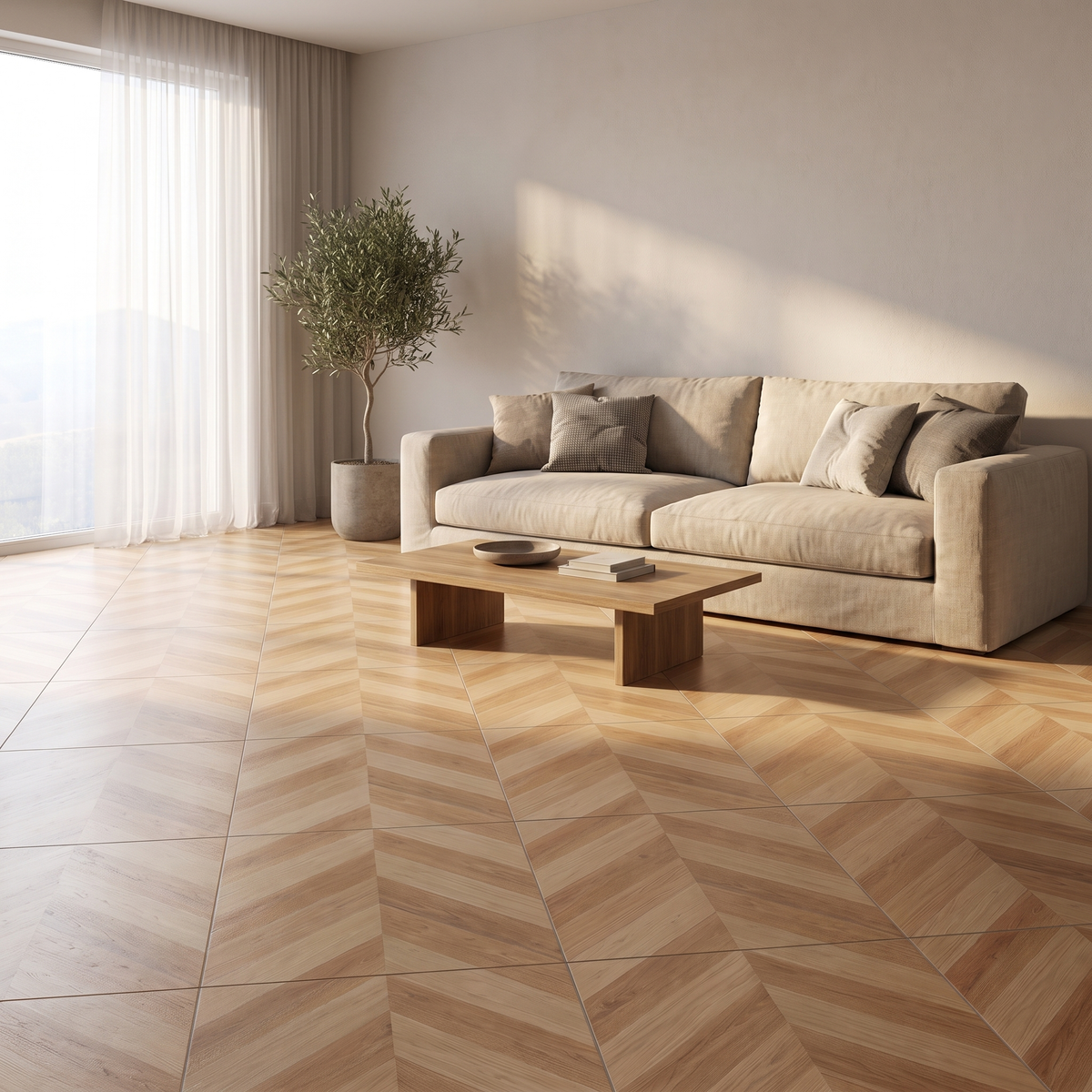 OAKLINE Klebefliesen Naturholz-Honig im Wohnzimmer