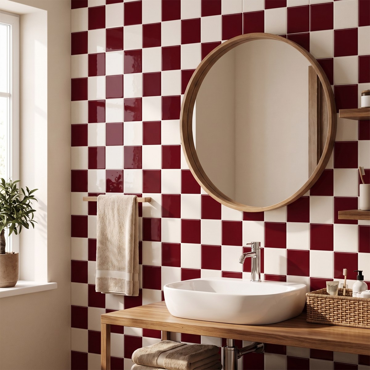 Prism Klebefliesen Bordeaux-Creme im Bad
