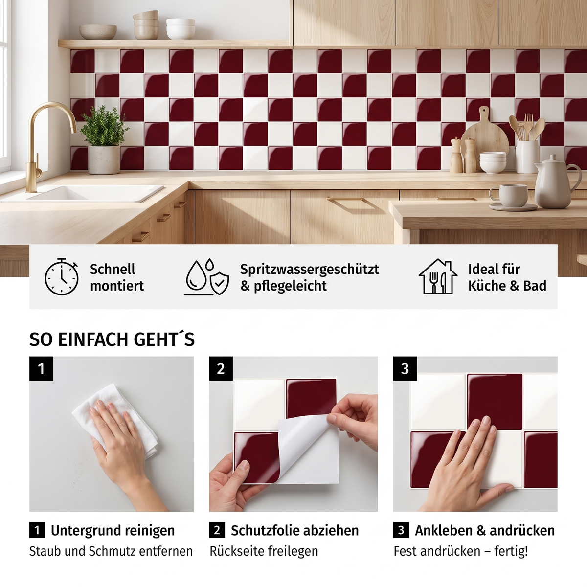 Prism Klebefliesen Bordeaux-Creme – Vorteile