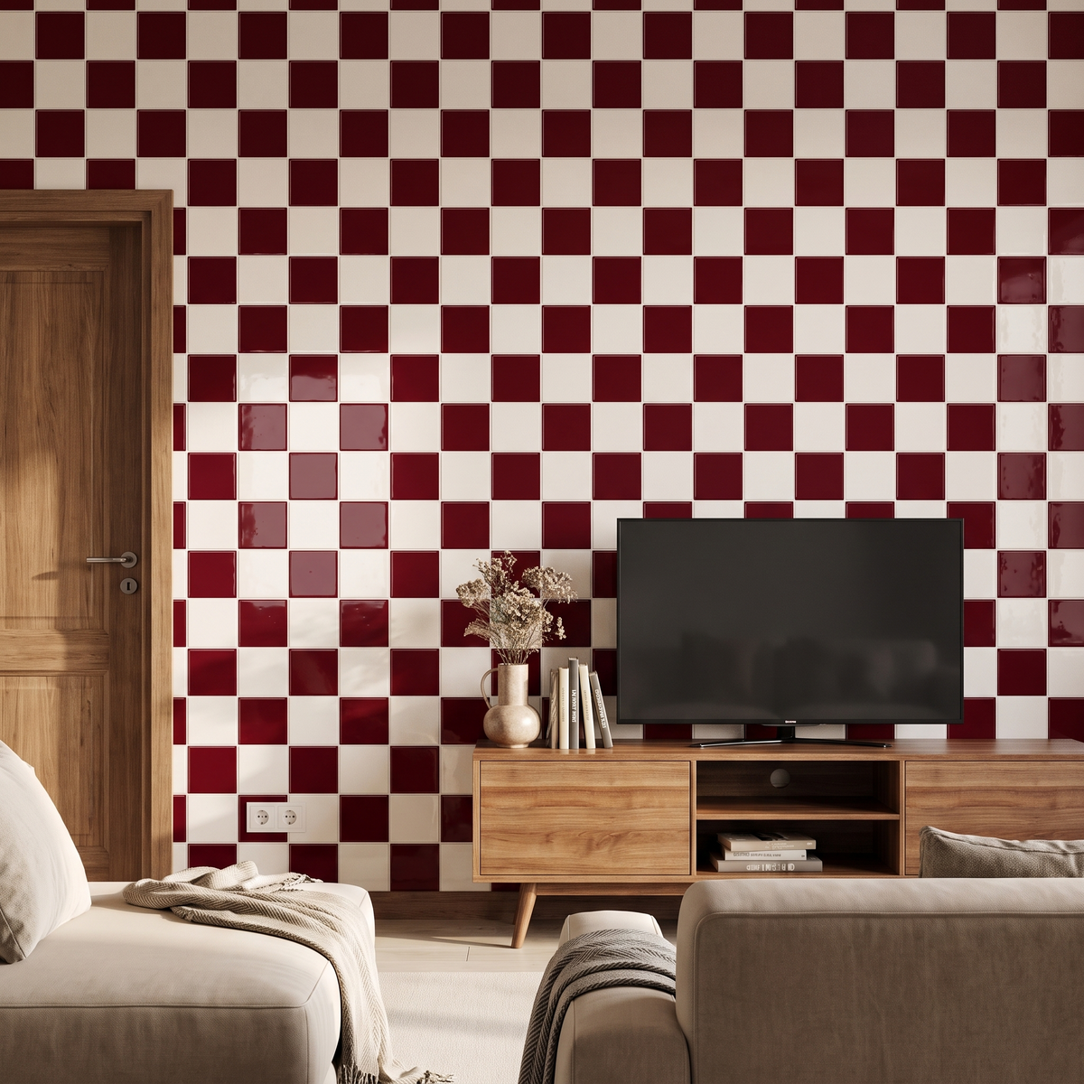 Prism Klebefliesen Bordeaux-Creme im Wohnzimmer