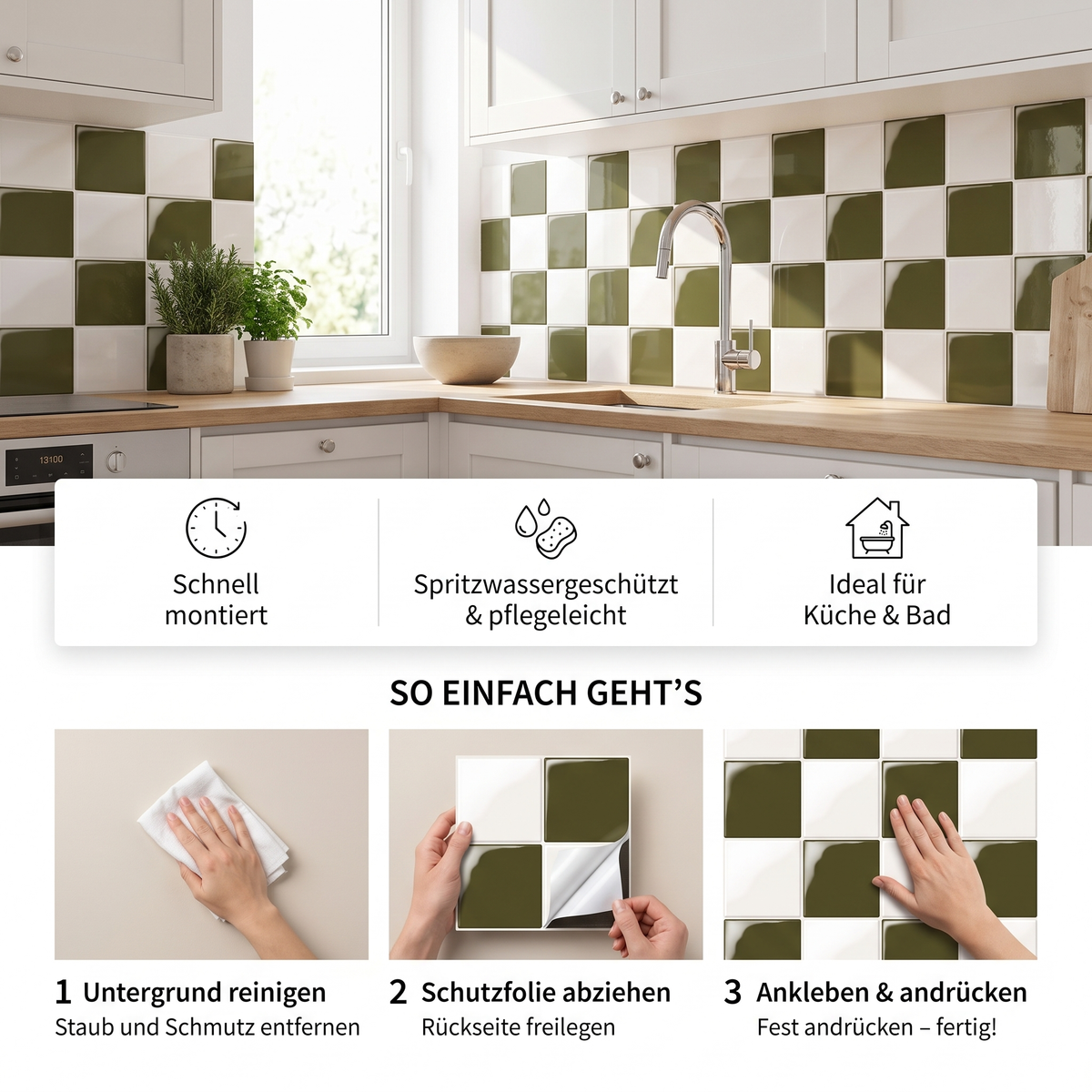 Prism Klebefliesen Oliv-Creme – Vorteile