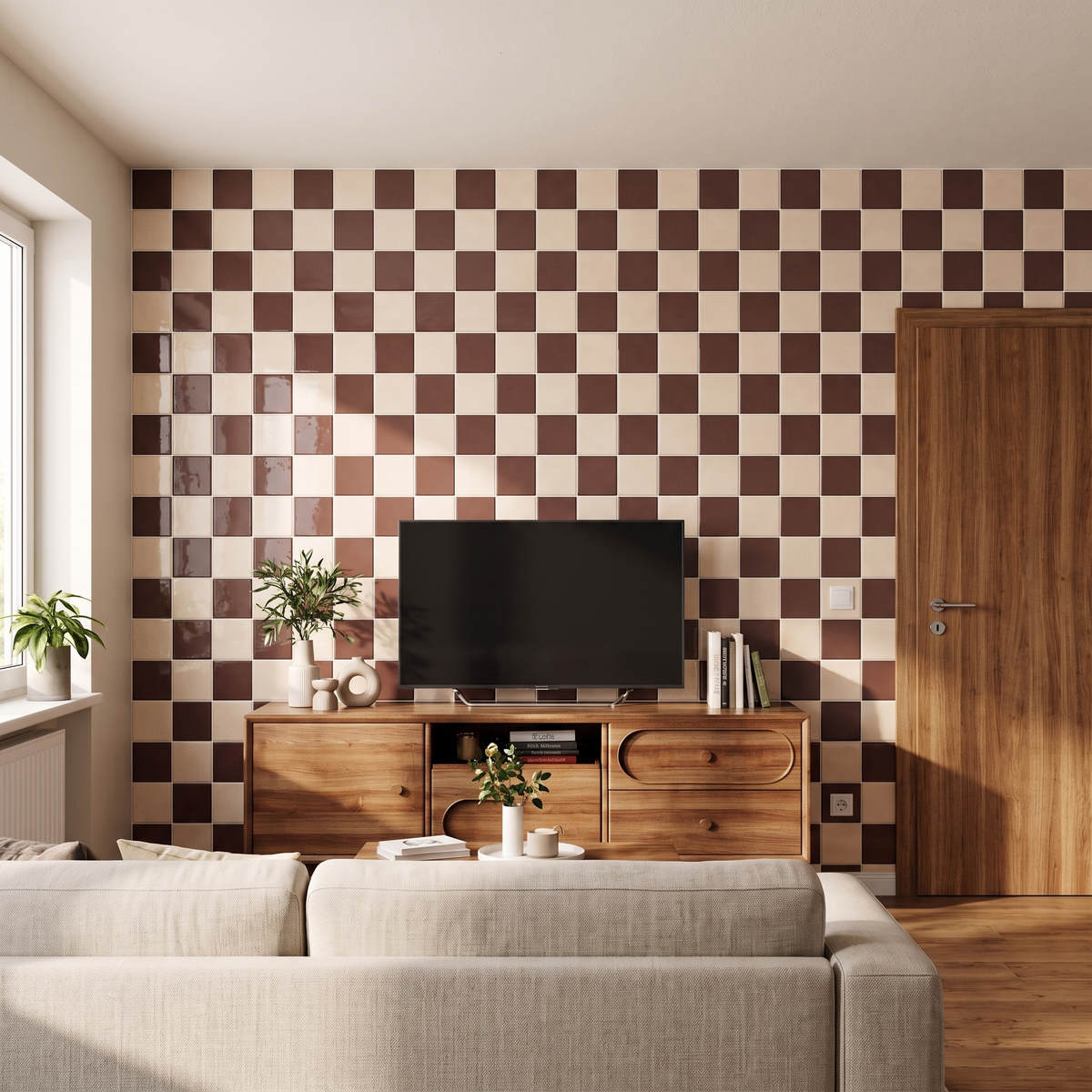 Prism Klebefliesen Terrakotta-Creme im Wohnzimmer
