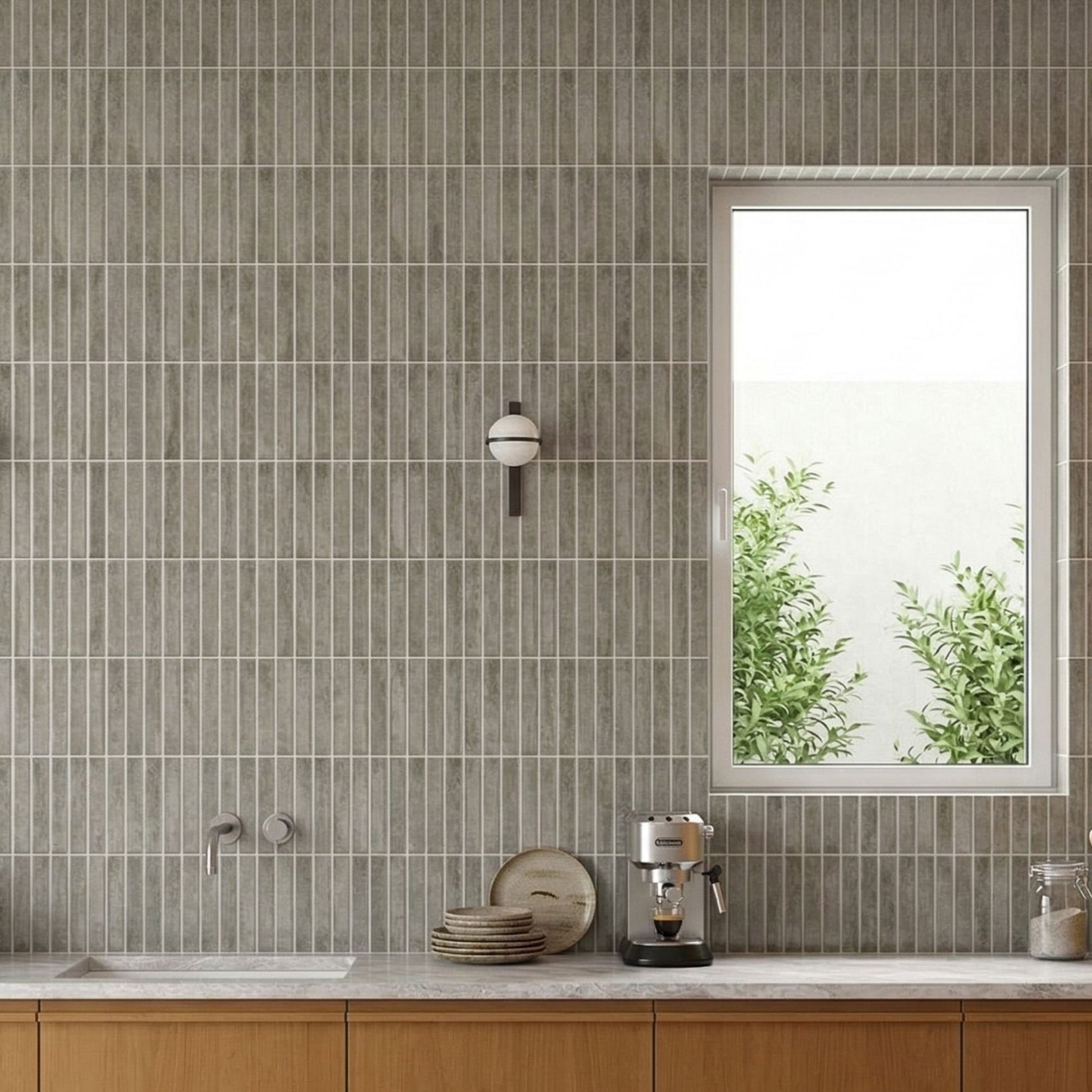 rinovim HIMARE Klebefliesen Beton Küche – Betonoptik in Graubeige an der Küchenrückwand, selbstklebend & ohne Handwerker verlegt