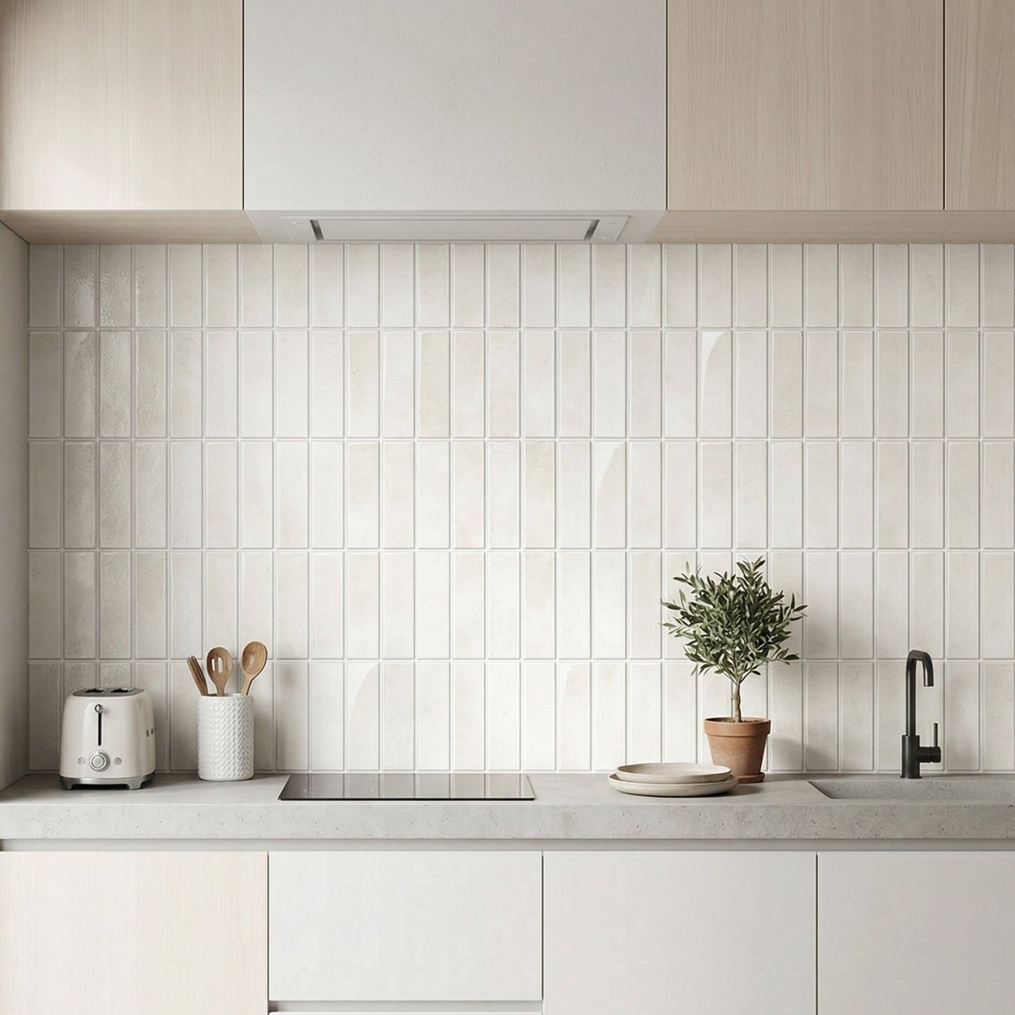 rinovim LUMA Klebefliesen Elfenbein Küche – warmes Elfenbein-Design an der Küchenrückwand, selbstklebend & ohne Handwerker verlegt