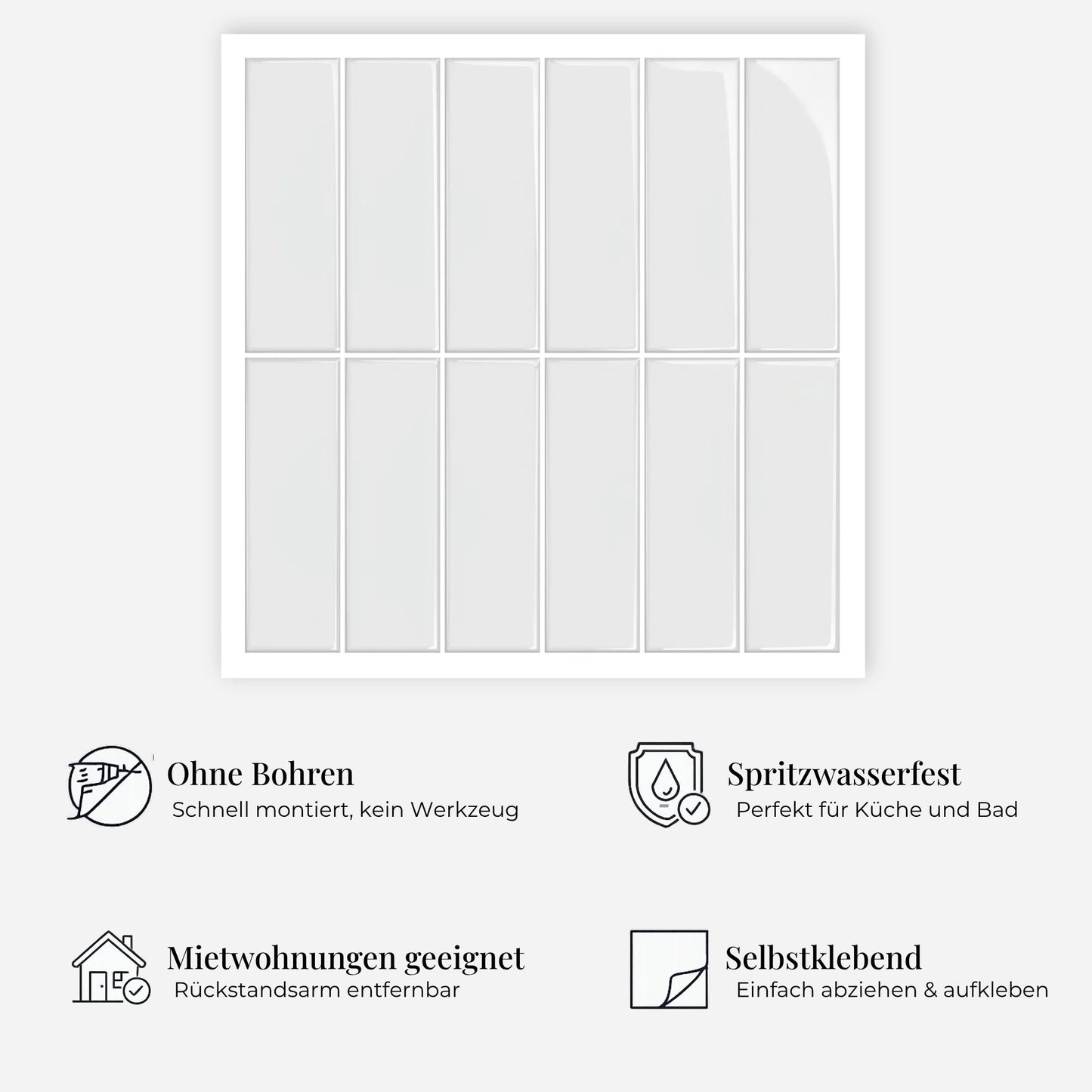 rinovim ARIA Reinweiß Klebefliesen Vorteile – ohne Renovierung, rückstandslos entfernbar, spritzwassergeschützt, für Küche & Bad