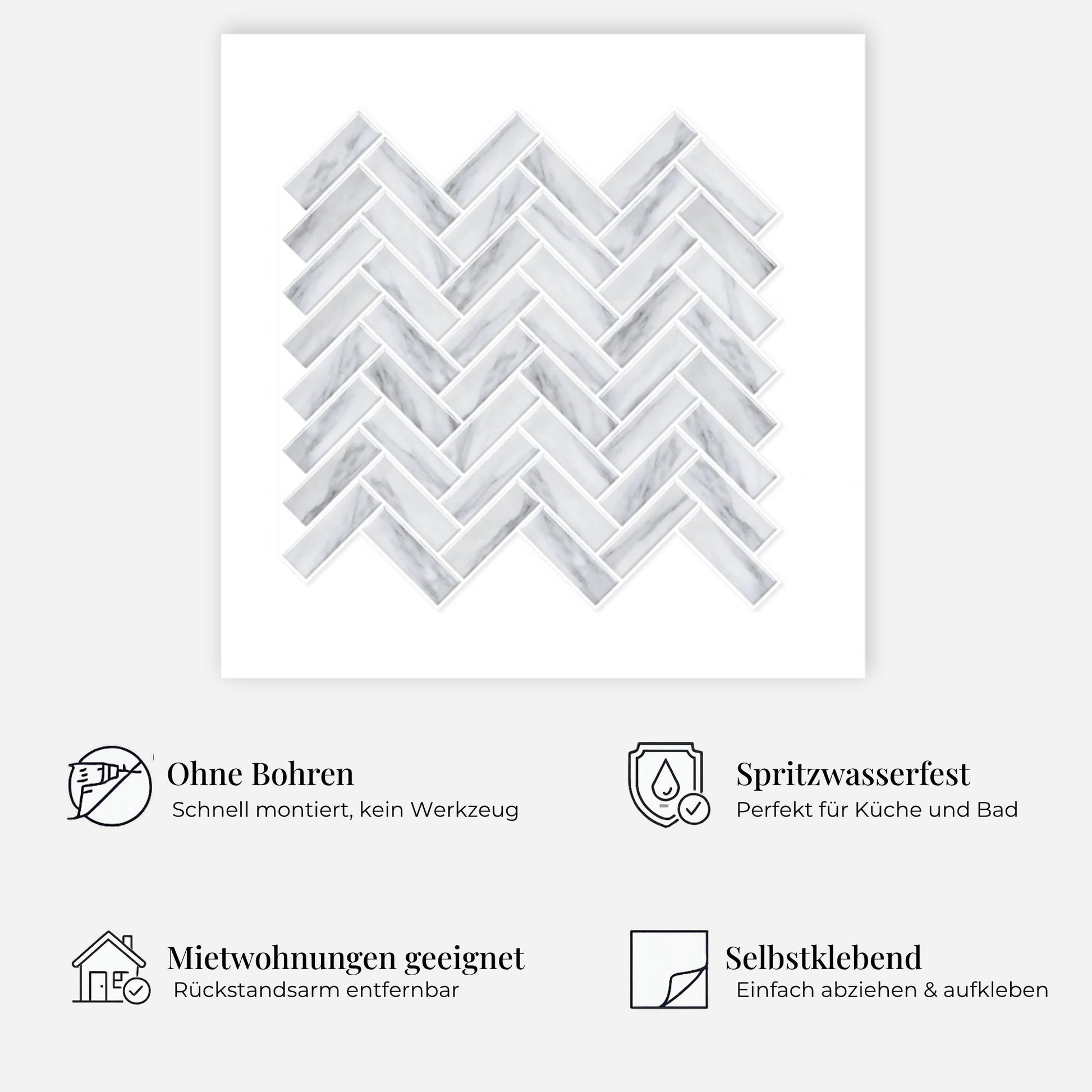 rinovim AXIS Marmor Weiß Klebefliesen Vorteile – ohne Renovierung, rückstandslos entfernbar, spritzwassergeschützt, für Küche & Bad