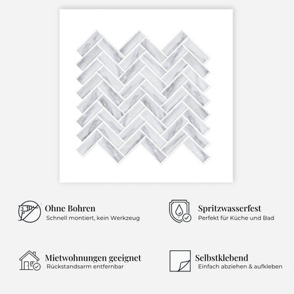 rinovim AXIS Marmor Weiß Klebefliesen Vorteile – ohne Renovierung, rückstandslos entfernbar, spritzwassergeschützt, für Küche & Bad