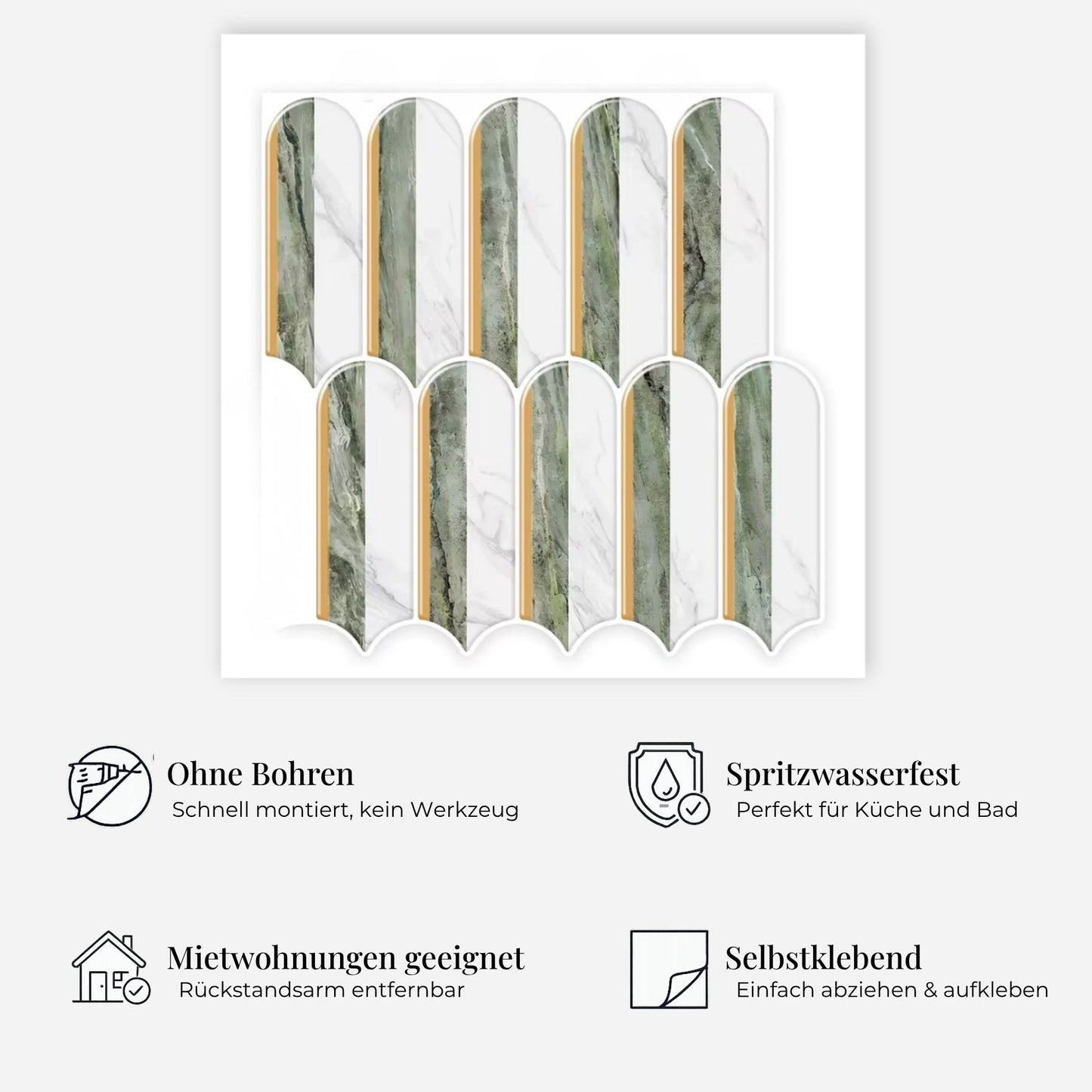 rinovim FORMA Marmor Grün Klebefliesen Vorteile – ohne Renovierung, rückstandslos entfernbar, spritzwassergeschützt, für Küche & Bad