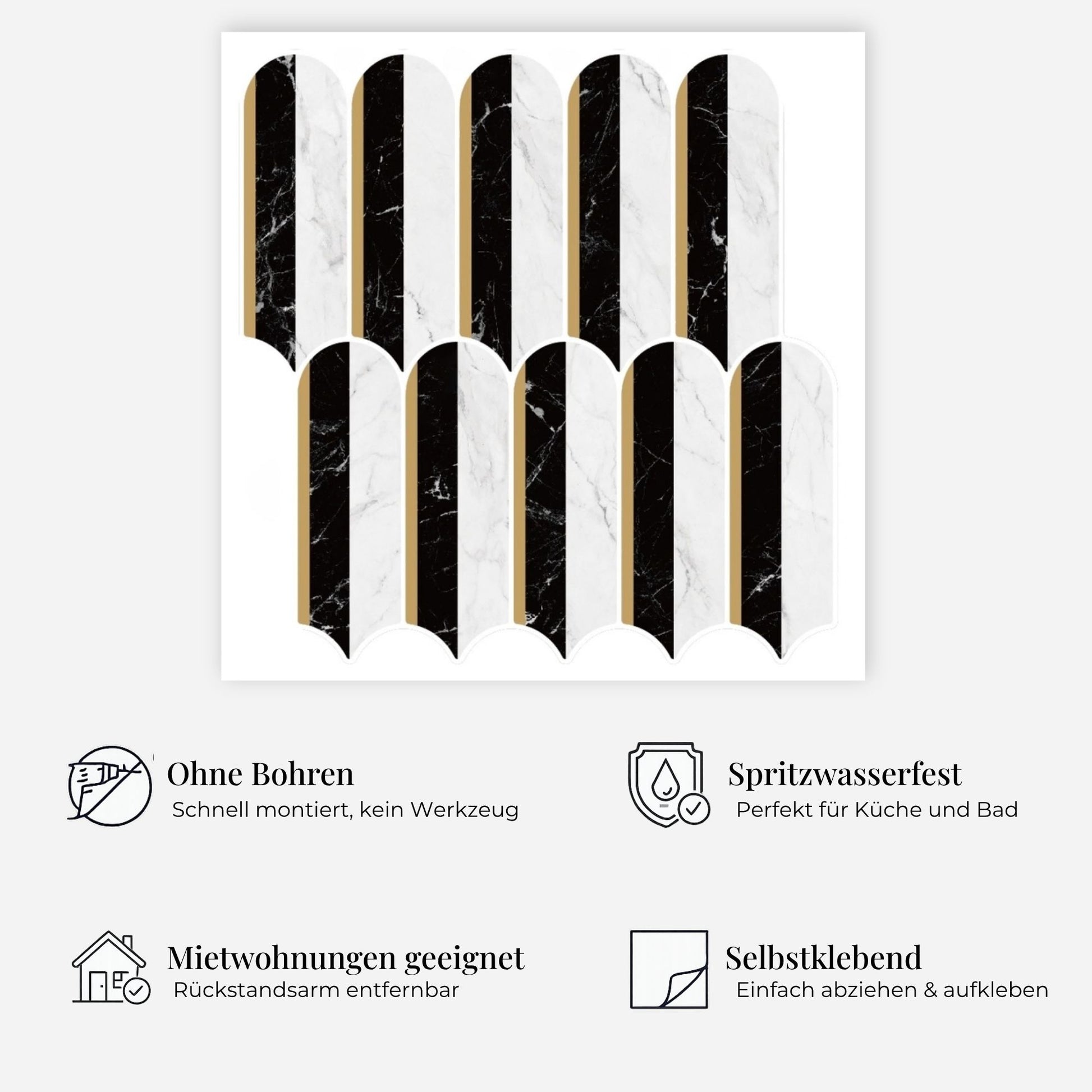 rinovim FORMA Marmor Schwarz Klebefliesen Vorteile – ohne Renovierung, rückstandslos entfernbar, spritzwassergeschützt, für Küche & Bad