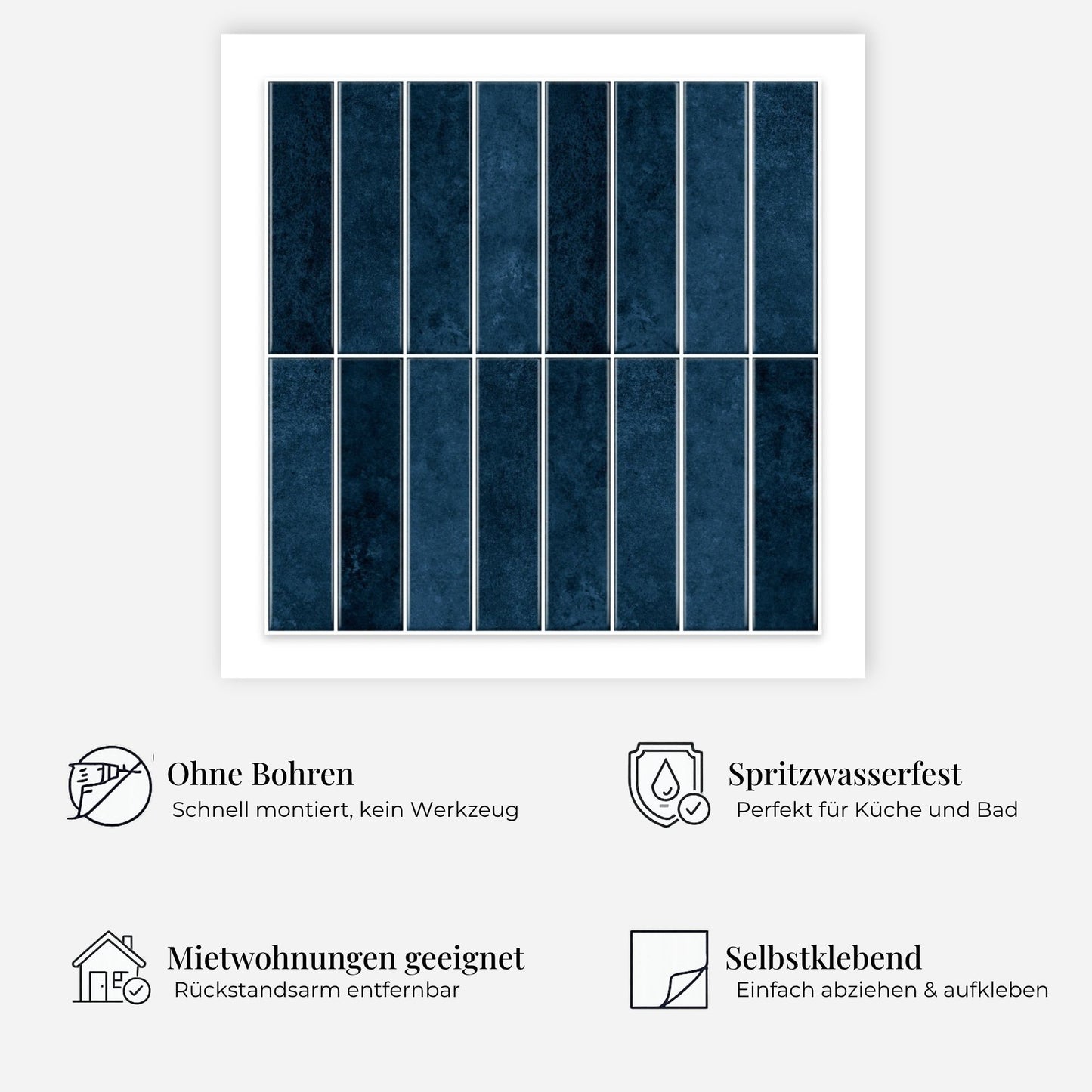 rinovim HIMARE Marineblau Klebefliesen Vorteile – ohne Renovierung, rückstandslos entfernbar, spritzwassergeschützt, für Küche & Bad