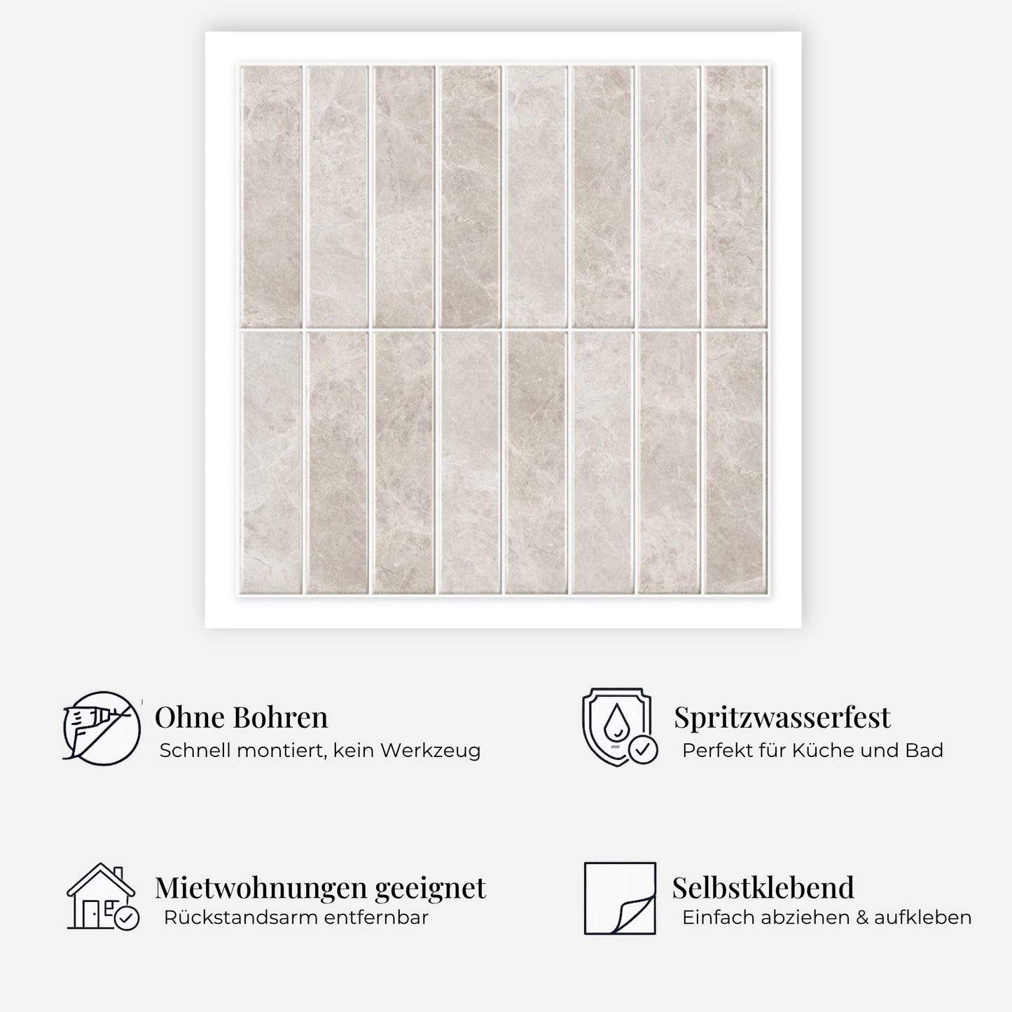 rinovim HIMARE Perl-Beige Klebefliesen Vorteile – ohne Renovierung, rückstandslos entfernbar, spritzwassergeschützt, für Küche & Bad
