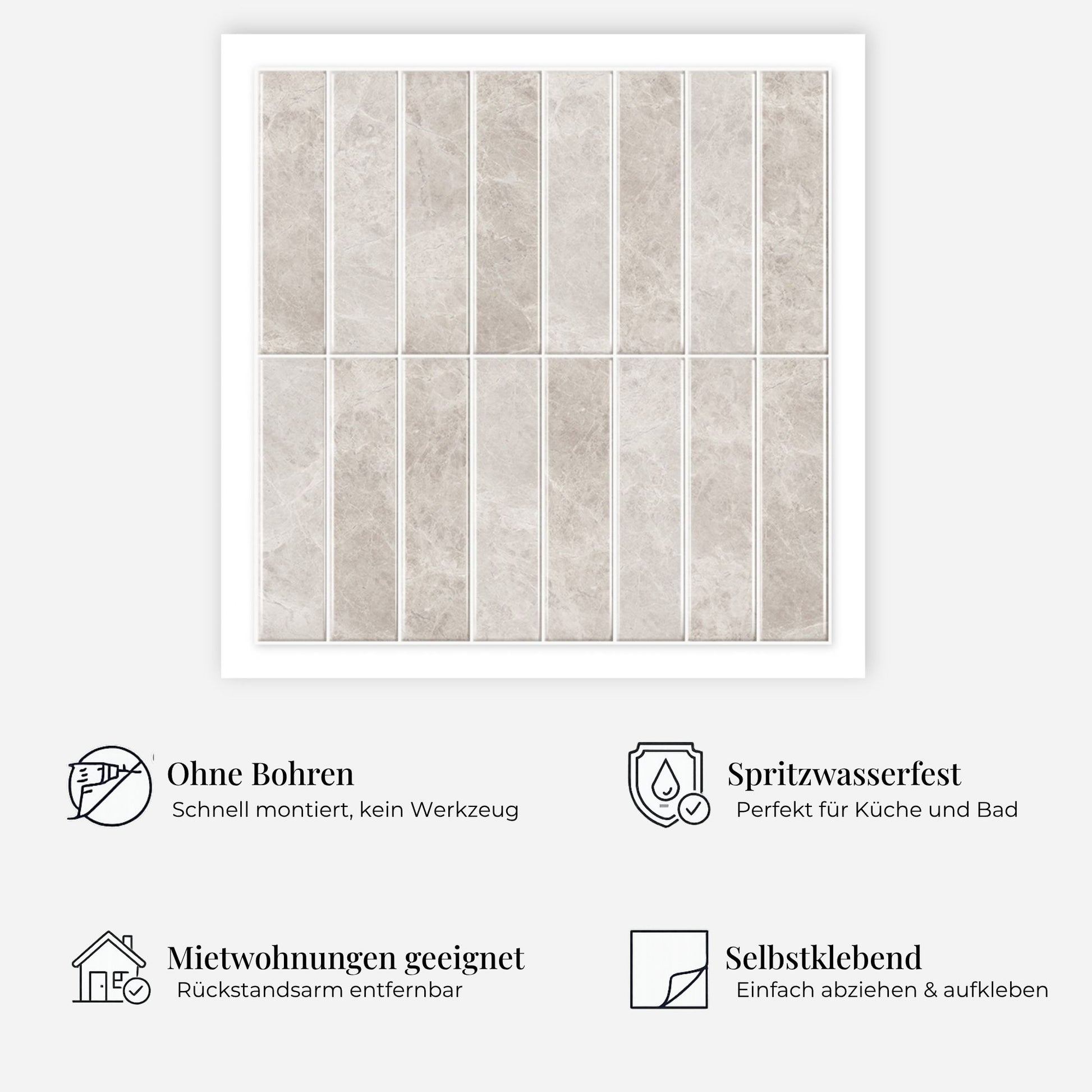 rinovim HIMARE Perl-Beige Klebefliesen Vorteile – ohne Renovierung, rückstandslos entfernbar, spritzwassergeschützt, für Küche & Bad