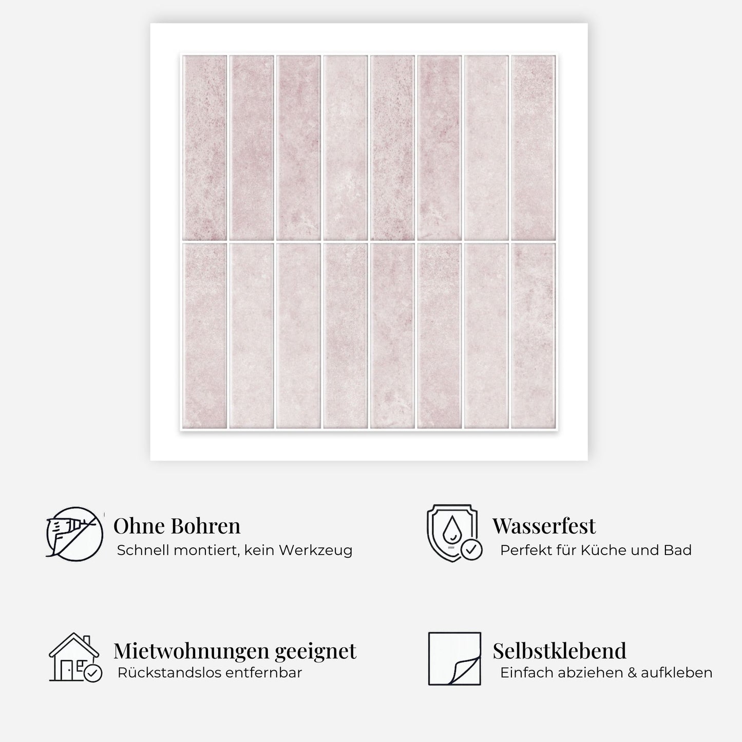 rinovim HIMARE Sand-Rosé Klebefliesen Vorteile – ohne Renovierung, rückstandslos entfernbar, spritzwassergeschützt, für Küche & Bad