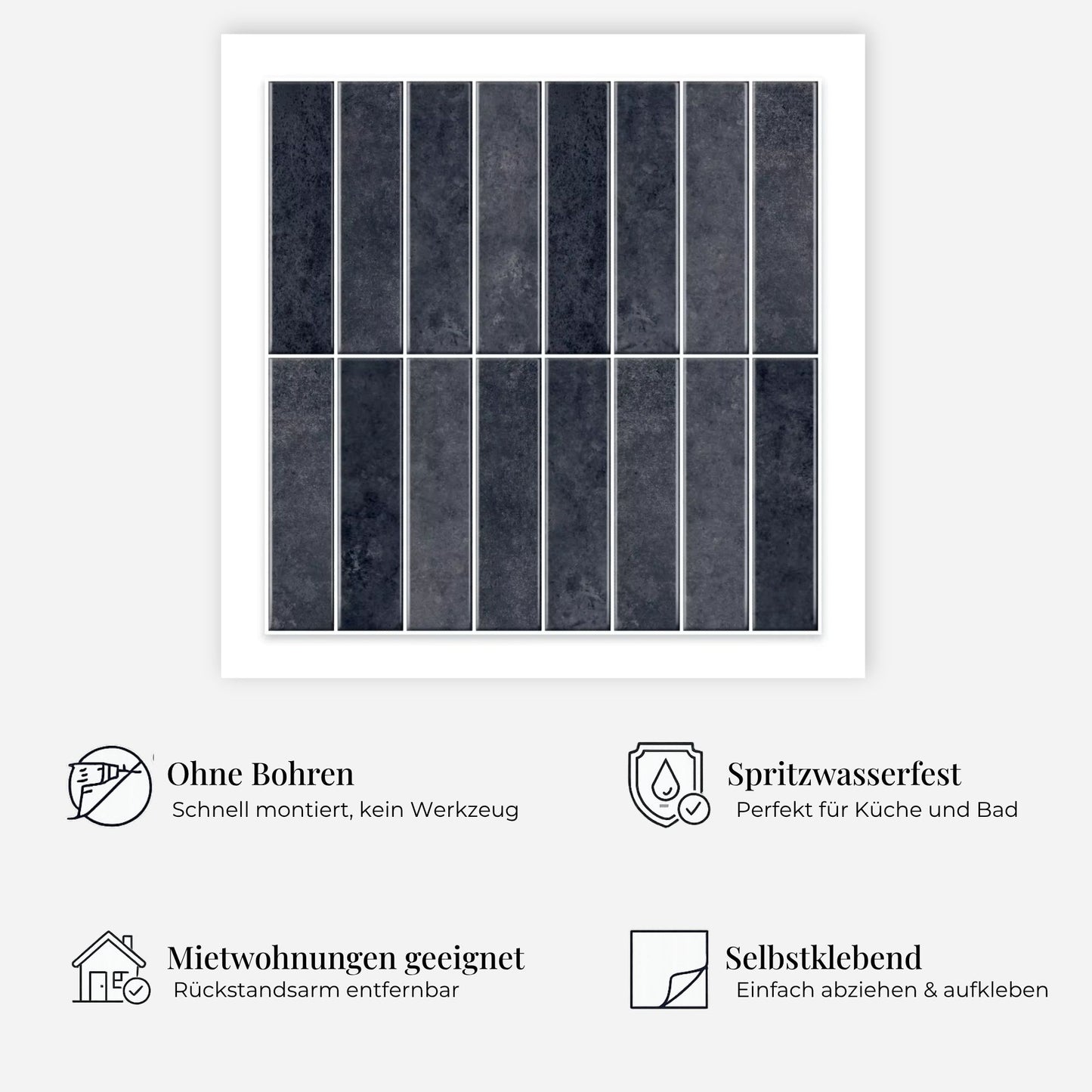 rinovim HIMARE Anthrazit Klebefliesen Vorteile – ohne Renovierung, rückstandslos entfernbar, spritzwassergeschützt, für Küche & Bad