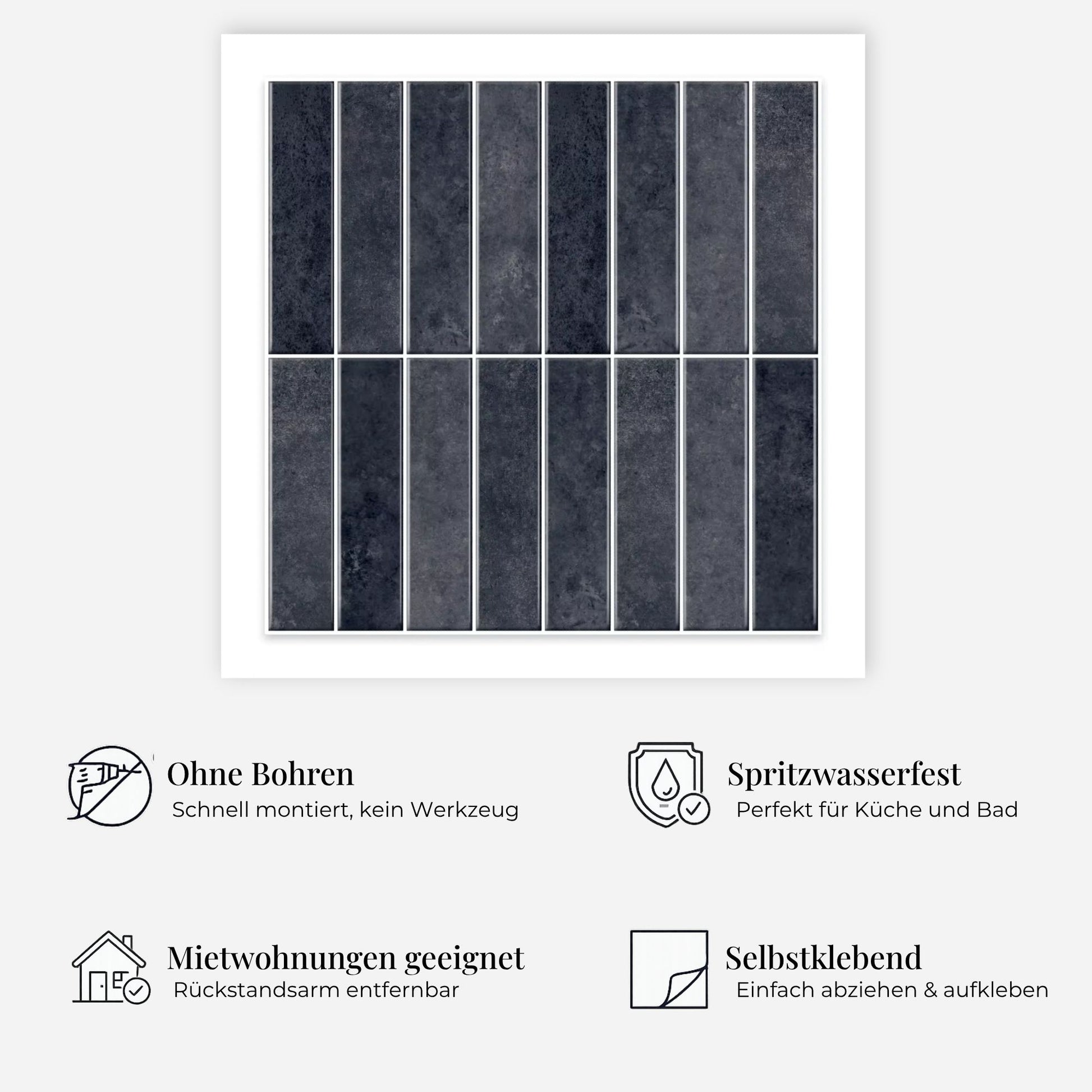 rinovim HIMARE Anthrazit Klebefliesen Vorteile – ohne Renovierung, rückstandslos entfernbar, spritzwassergeschützt, für Küche & Bad
