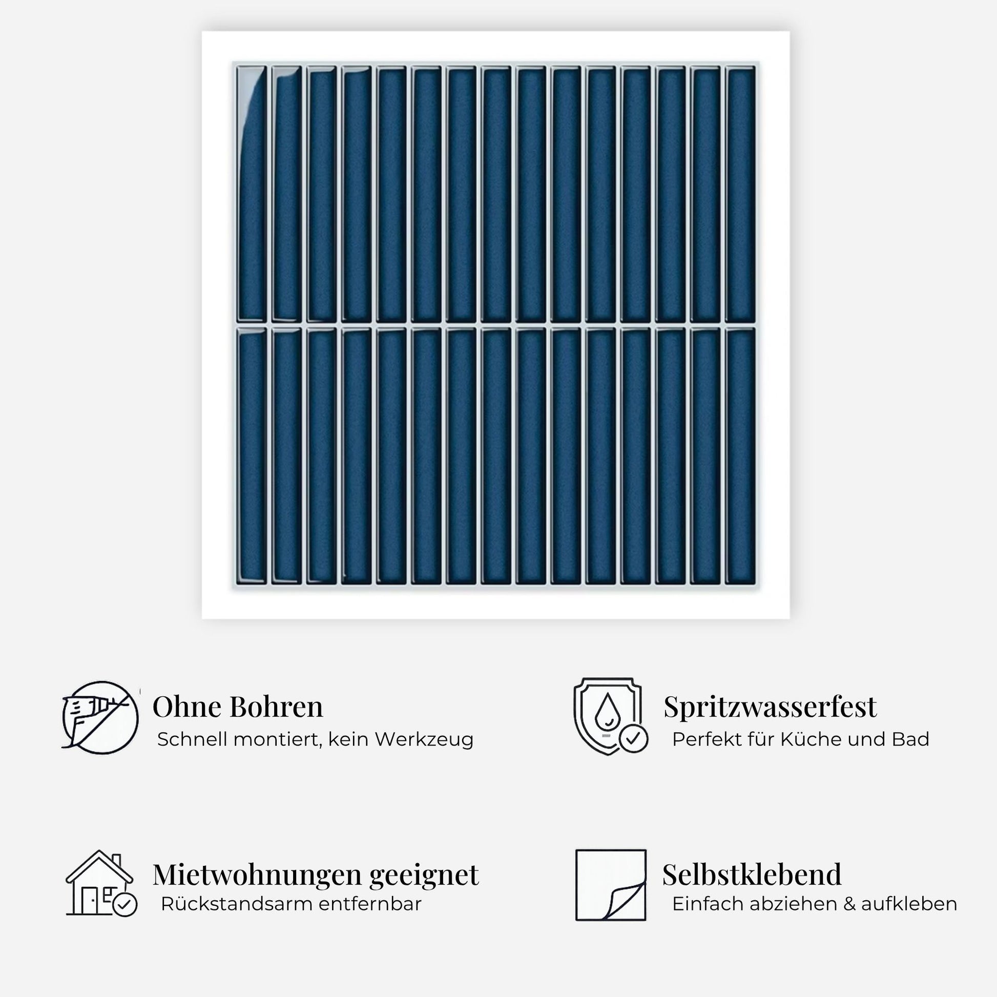rinovim LINEA Petrol Klebefliesen Vorteile – ohne Renovierung, rückstandslos entfernbar, spritzwassergeschützt, für Küche & Bad