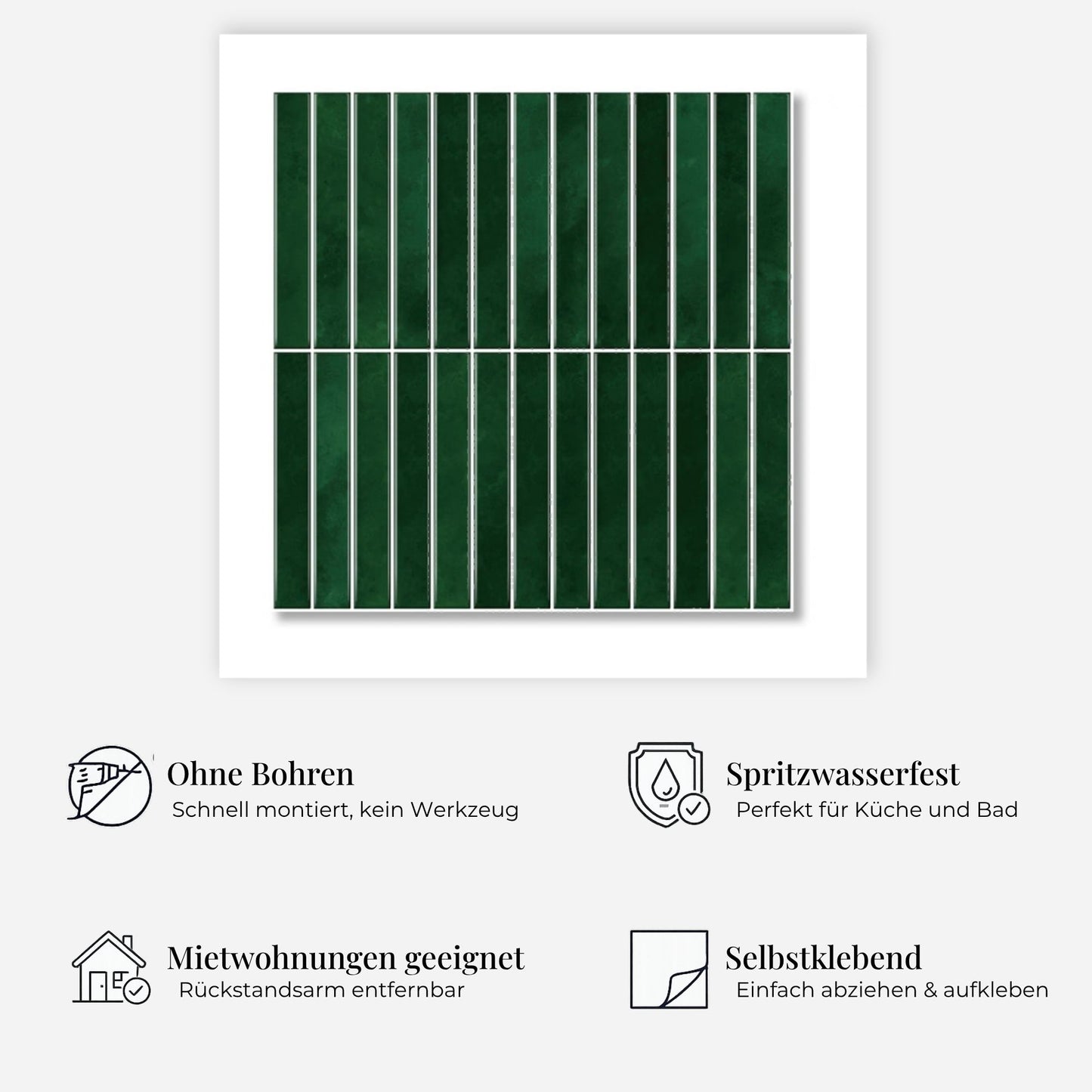 rinovim LINEA Flaschengrün Klebefliesen Vorteile – ohne Renovierung, rückstandslos entfernbar, spritzwassergeschützt, für Küche & Bad