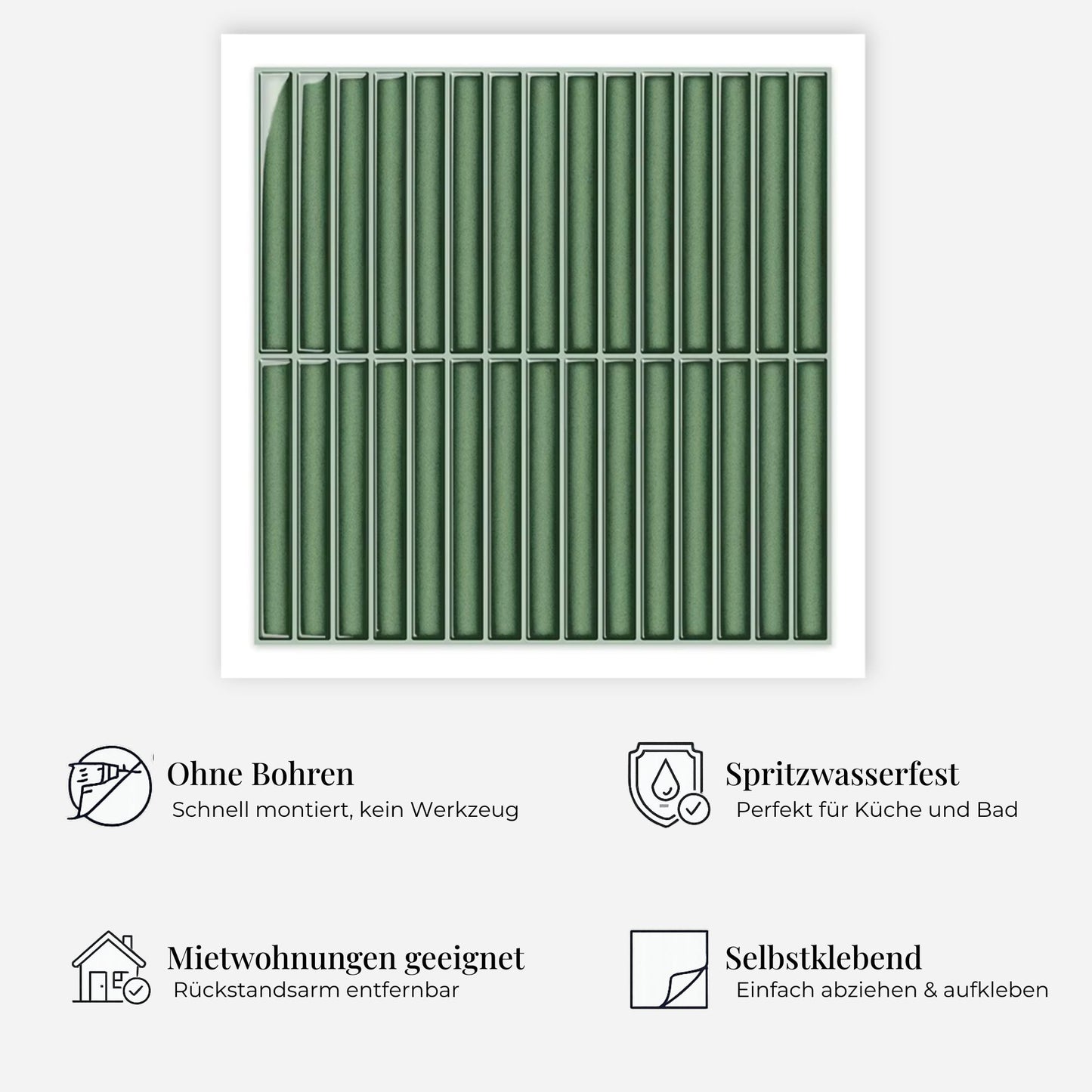 rinovim LINEA Smaragd Klebefliesen Vorteile – ohne Renovierung, rückstandslos entfernbar, spritzwassergeschützt, für Küche & Bad