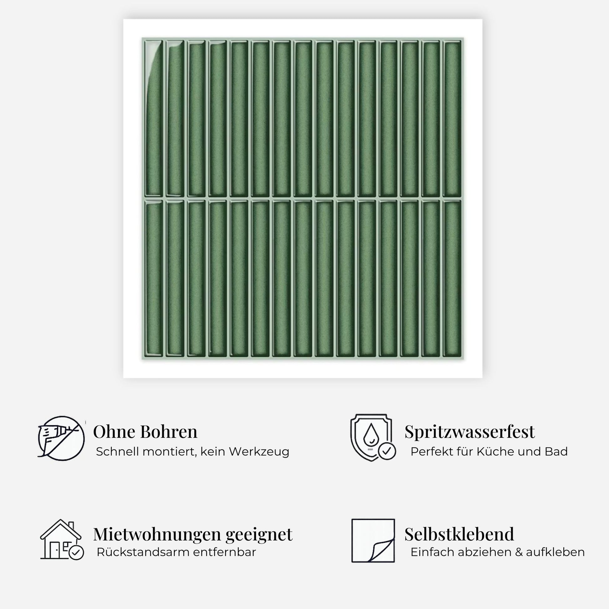 rinovim LINEA Smaragd Klebefliesen Vorteile – ohne Renovierung, rückstandslos entfernbar, spritzwassergeschützt, für Küche & Bad